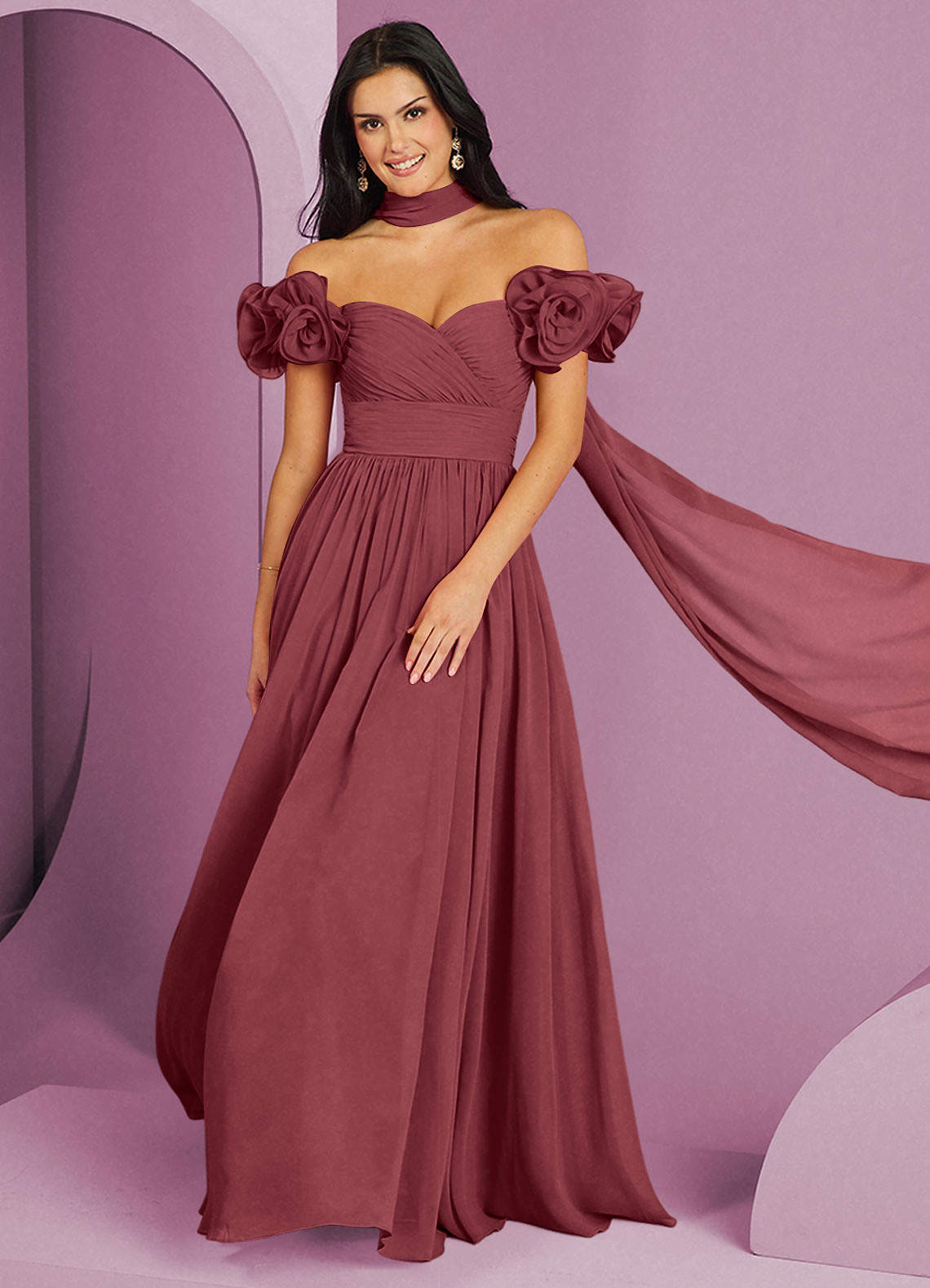 Barbie ♥ Azazie Bridesmaid Dresses Merlot A-Line Off the Shoulder Chiffon Convertible Dress image1