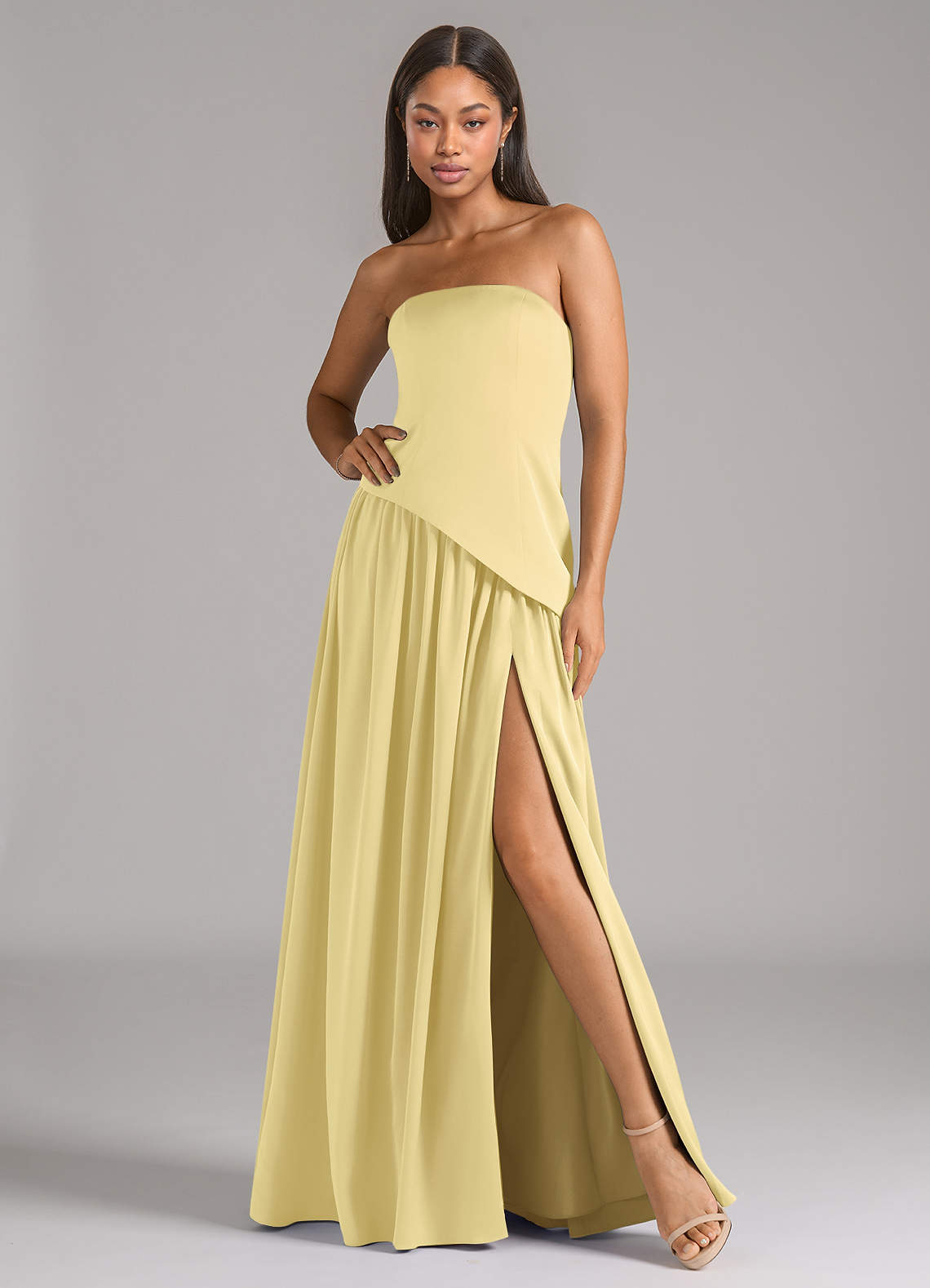 Azazie Adeline Brautjungfernkleider Wandelbar A-Linie Schulterfrei Stretch-Satin Kleid Zitronensorbet image1