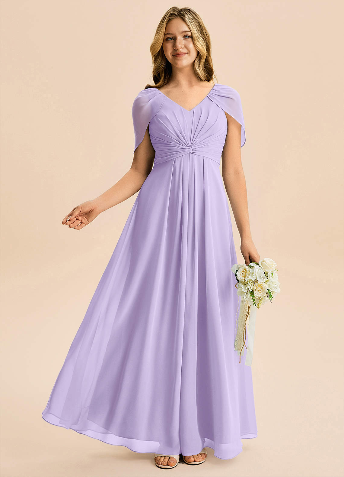 Azazie Emma Junior Robe Trapèze en Mousseline de soie Plissée Lilas image4