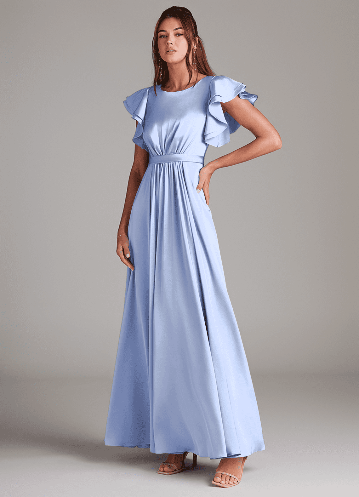 Azazie Daphne At-home Try On Dresses A-Line Ruched Stretch Satin Floor-Length Dress image1