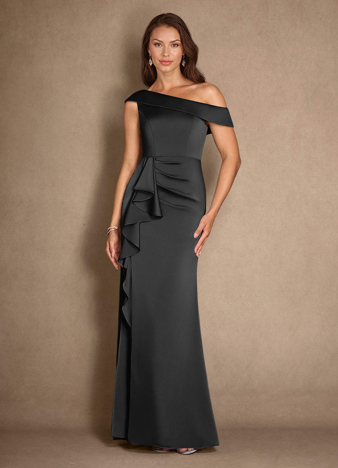 Azazie Hamptons Mother of the Bride Dresses Black A-Line Pleated Stretch Satin Dress image1