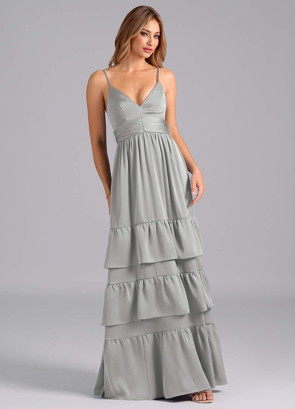 Azazie Nathalia Bridesmaid Dresses Silver A-Line Pleated Stretch Satin Dress image1