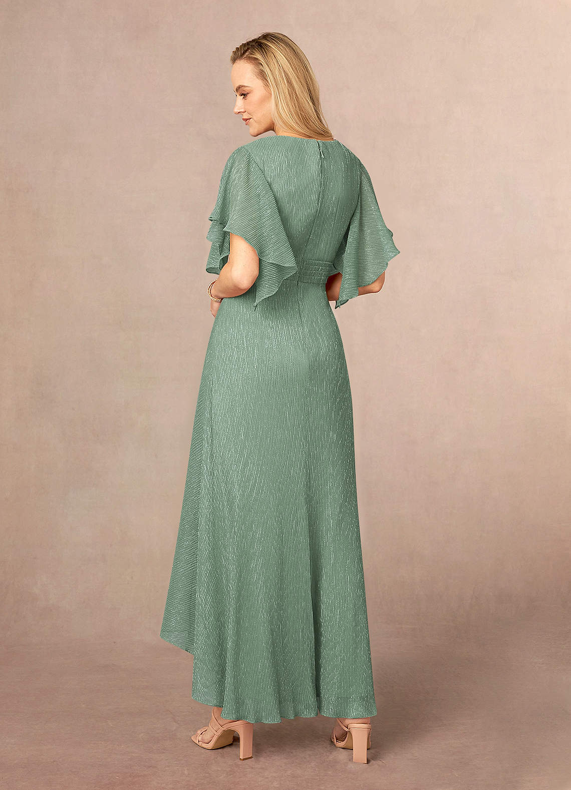 Azazie Mollina Mother of the Bride Dresses Aquamarine A-Line Ruffle Flutter Sleeve Metallic Mesh Dress image2