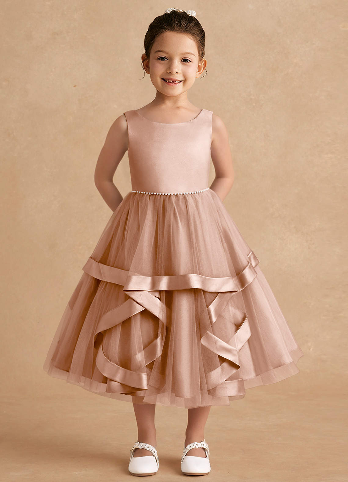 Azazie Posy Blumenmädchenkleider A-Linie Mit Perlen Tüll Kleid Champagner Rosa image1