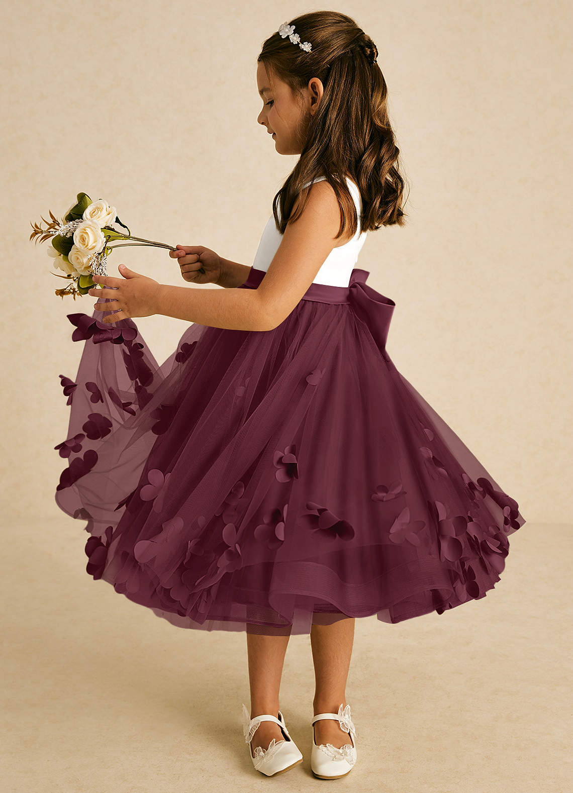 Azazie Sprout Flower Girl Dresses Cabernet A-Line Bow Tulle Dress image3