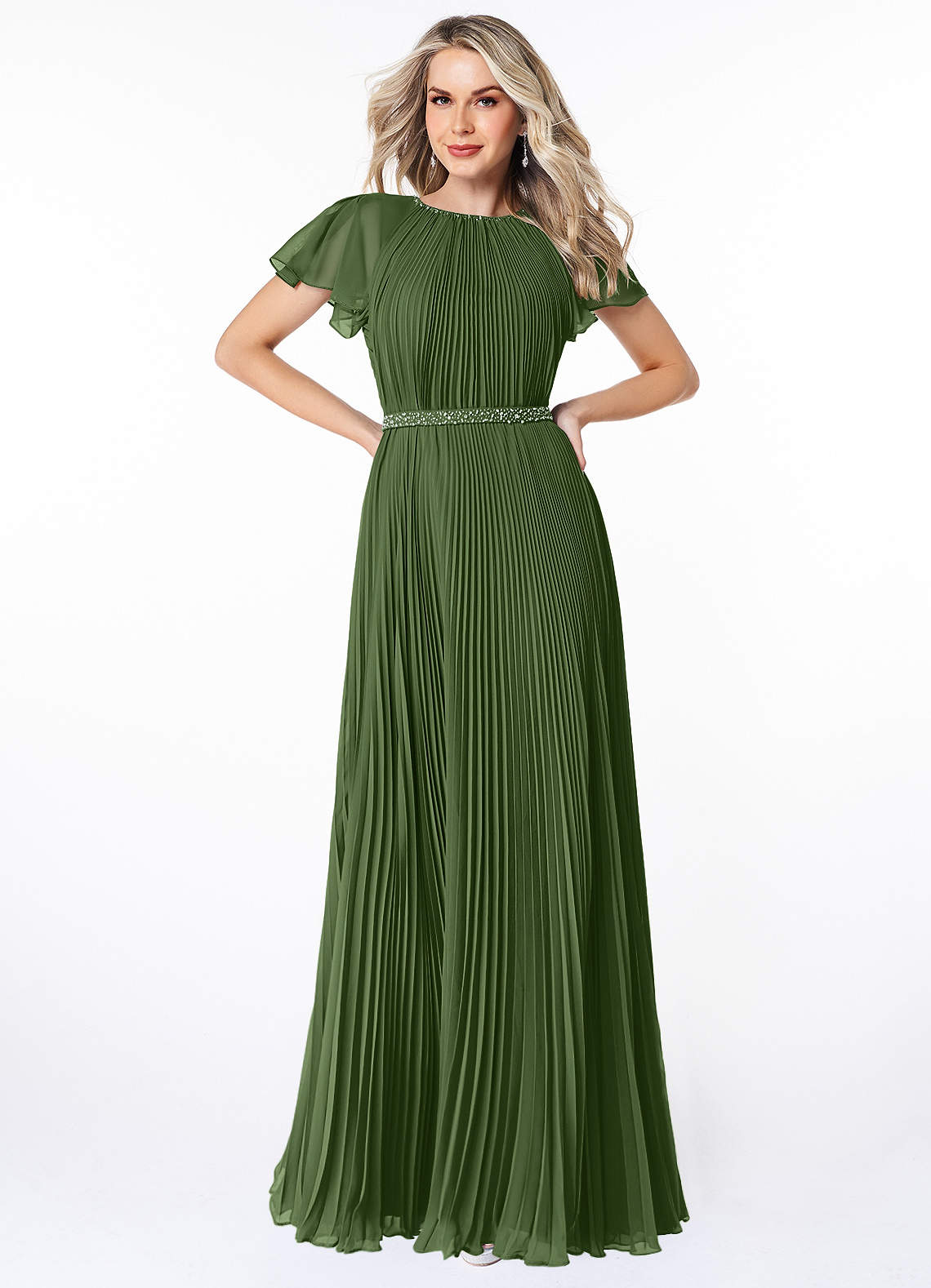 Azazie Kara Modest Bridesmaid Dresses A-Line Pleated Chiffon Floor-Length Dress image1