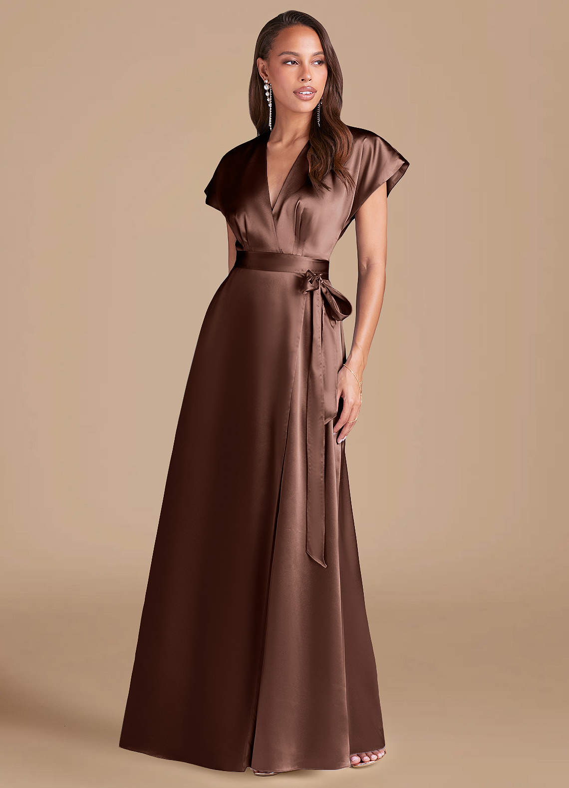 Azazie Nico Bridesmaid Dresses Espresso A-Line Pleated Metallic Satin Dress image1