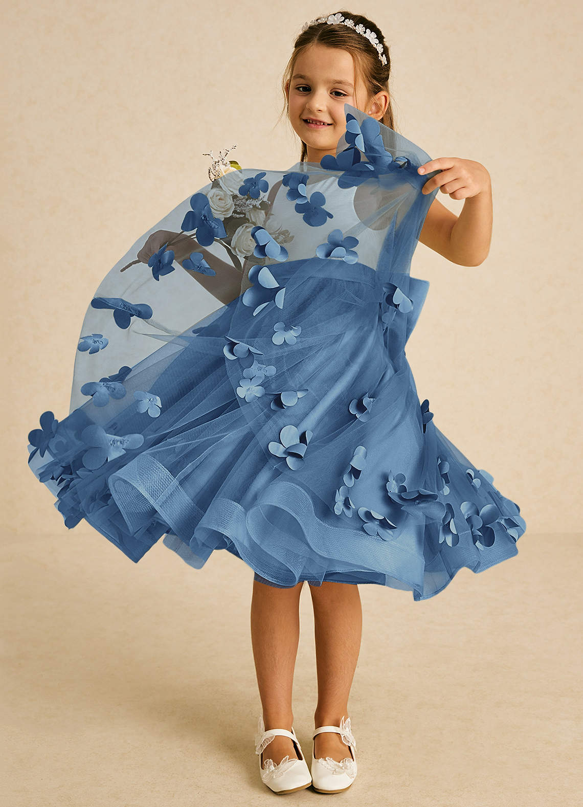 Azazie Sprout Flower Girl Dresses Steel Blue A-Line Bow Tulle Dress image2