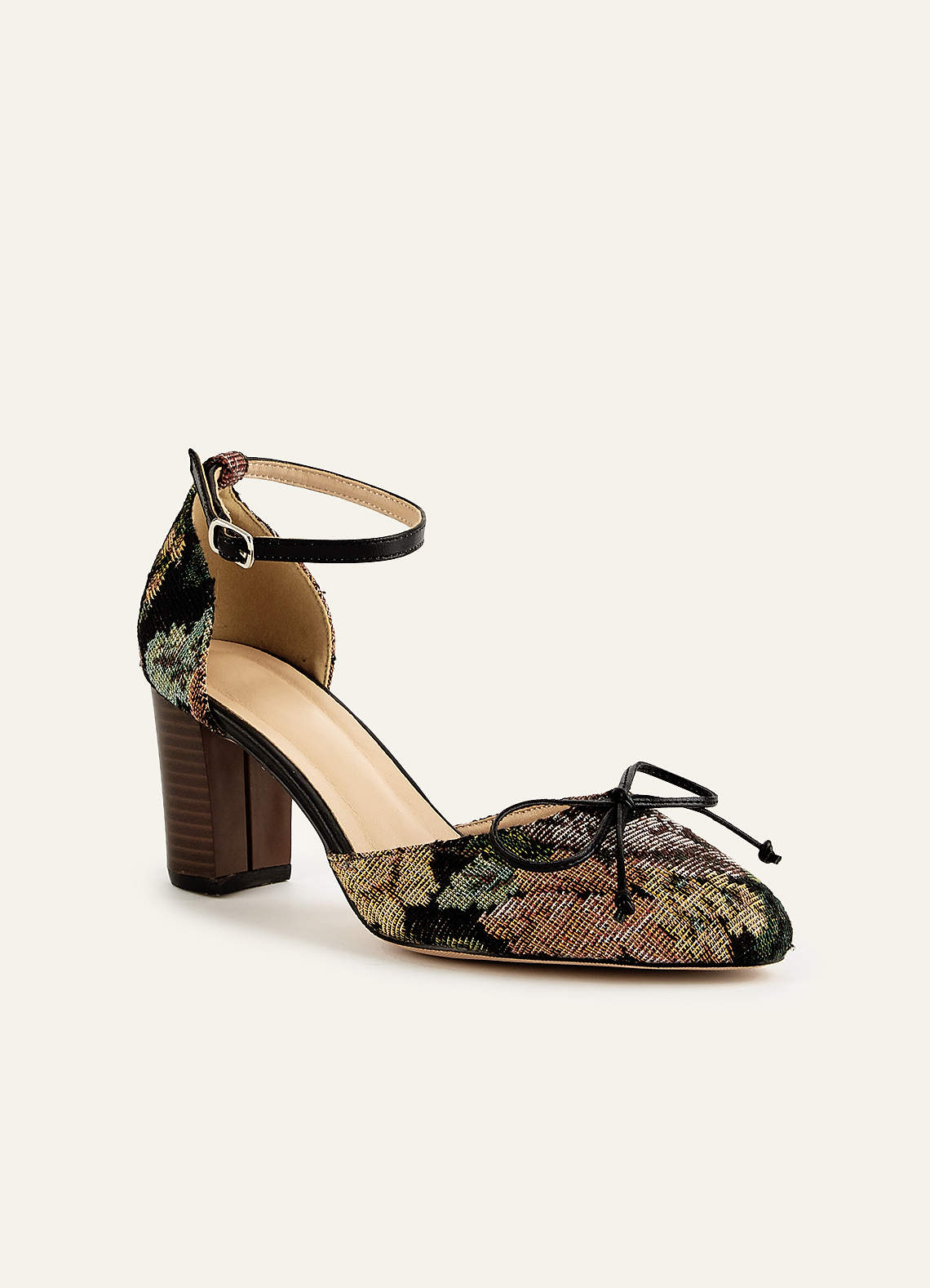 front Floral Tapestry Ankle Strap Block Heels