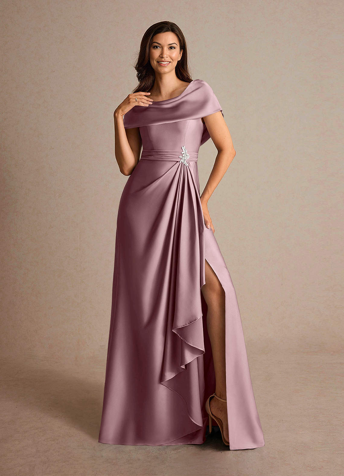 Azazie Branford Mother of the Bride Dresses Dusty Rose A-Line Pleated Stretch Satin Dress image5