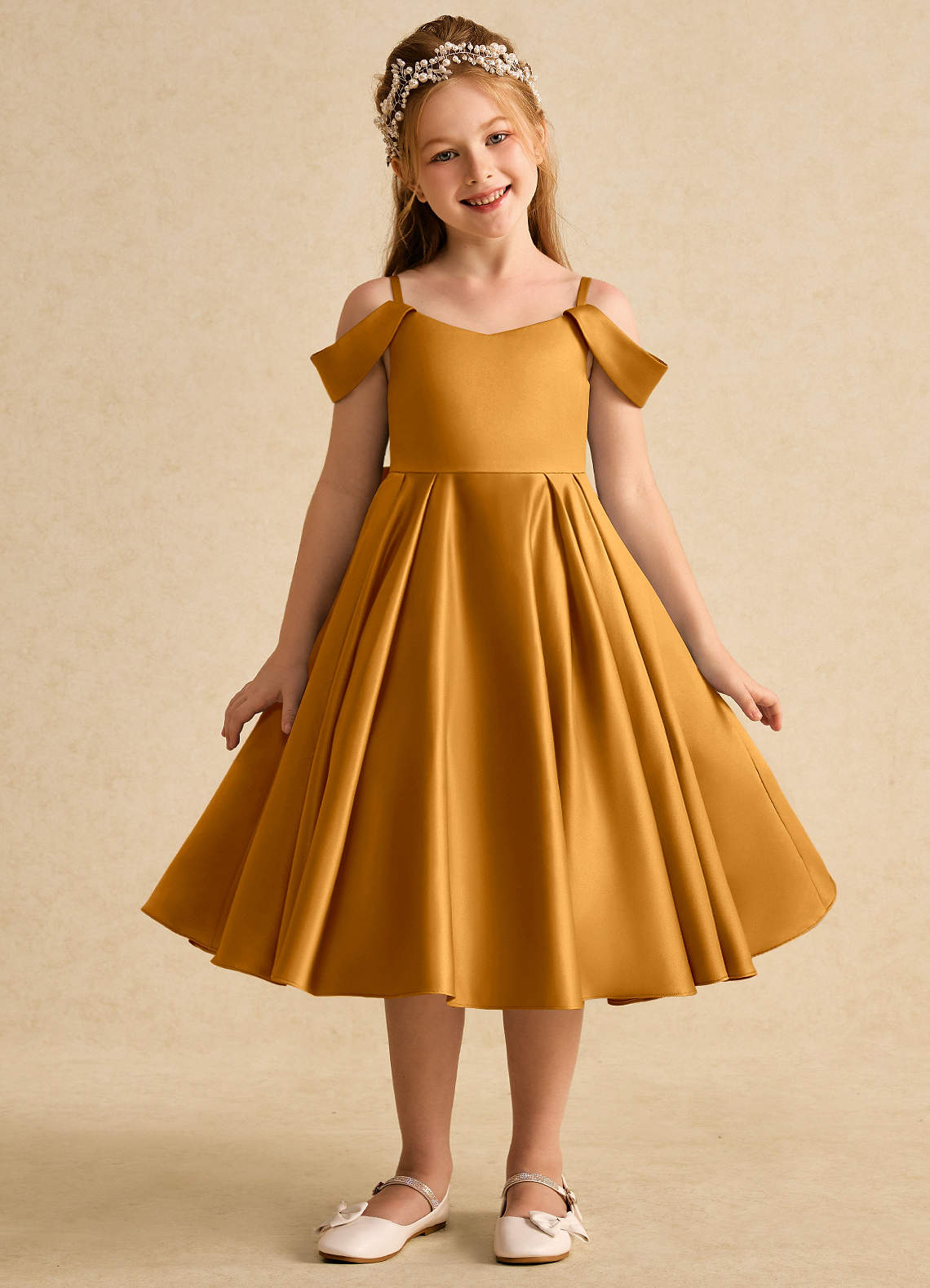 Azazie Favia Flower Girl Dresses Butterscotch A-Line Off the Shoulder Matte Satin Dress image1