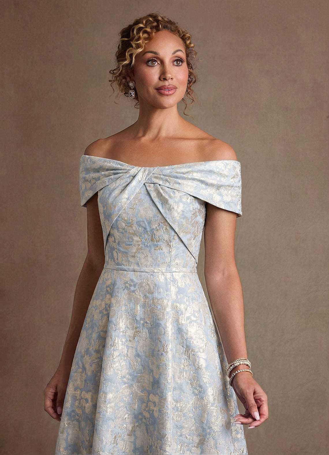 Azazie Harriett Mother of the Bride Dresses Dusty Blue A-Line Off the Shoulder Floral Jacquard Dress image2