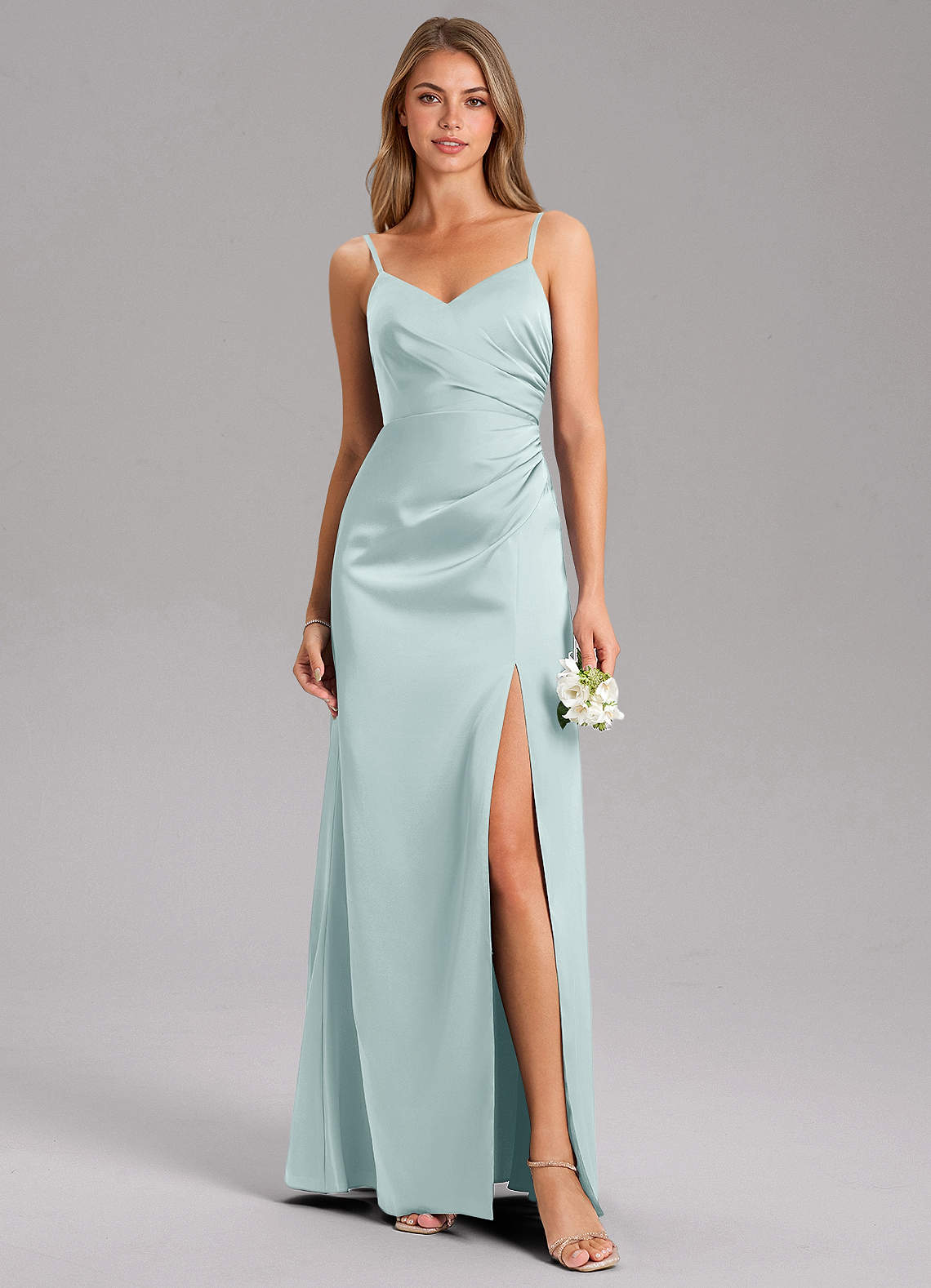 Azazie Azuree Bridesmaid Dresses Mist A-Line Pleated Stretch Satin Dress image1