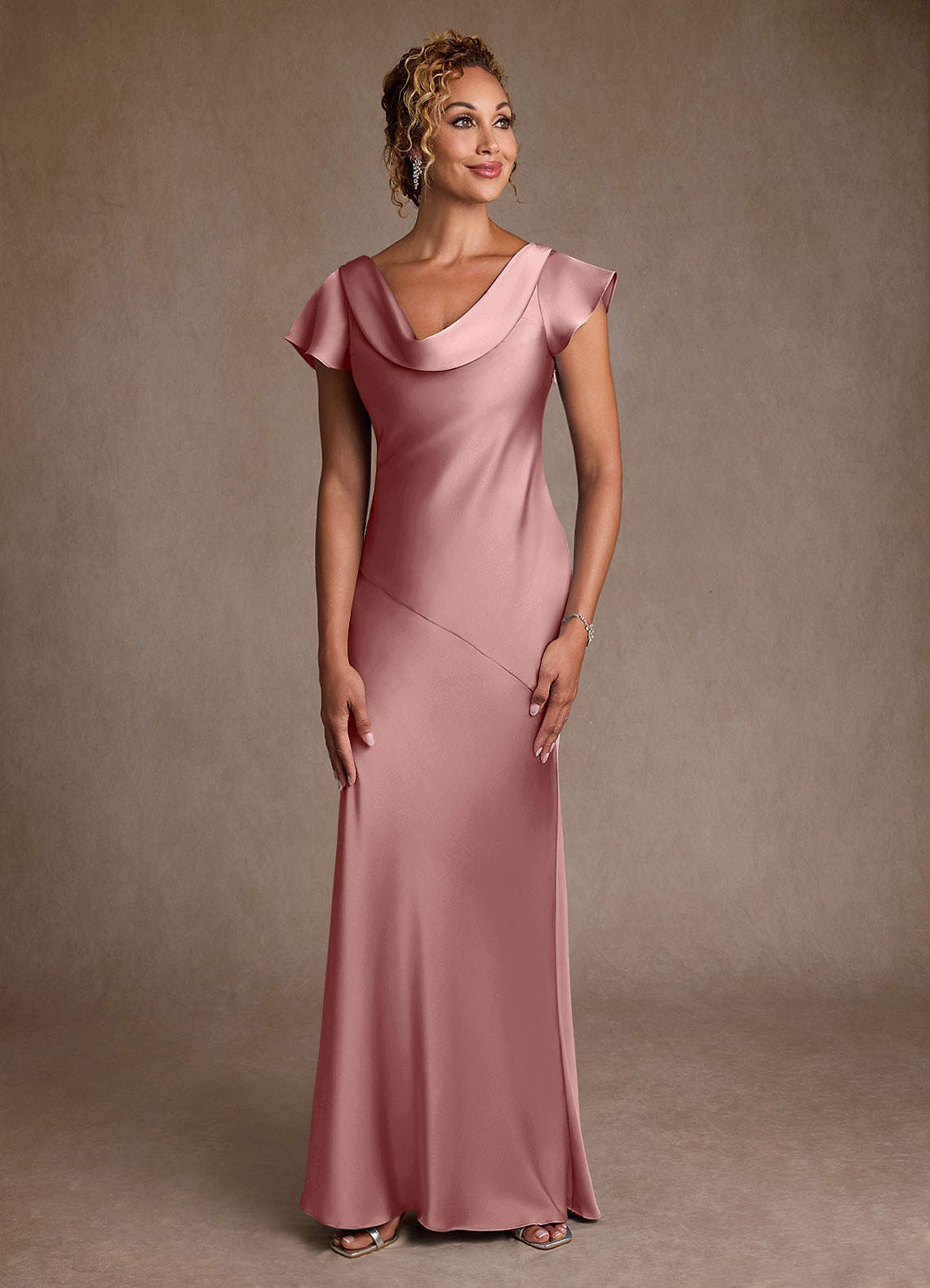 Azazie Shelby Mother of the Bride Dresses Dusty Rose Mermaid Pleated Stretch Satin Dress image1