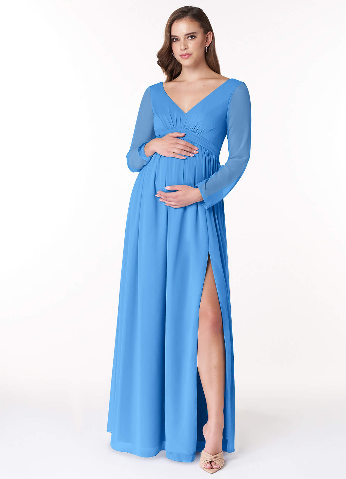 Azazie Teton Zwangerschaps Bruidsmeisjekleding A-Lijn Lange mouw Chiffon Vloerlengte Jurk image1