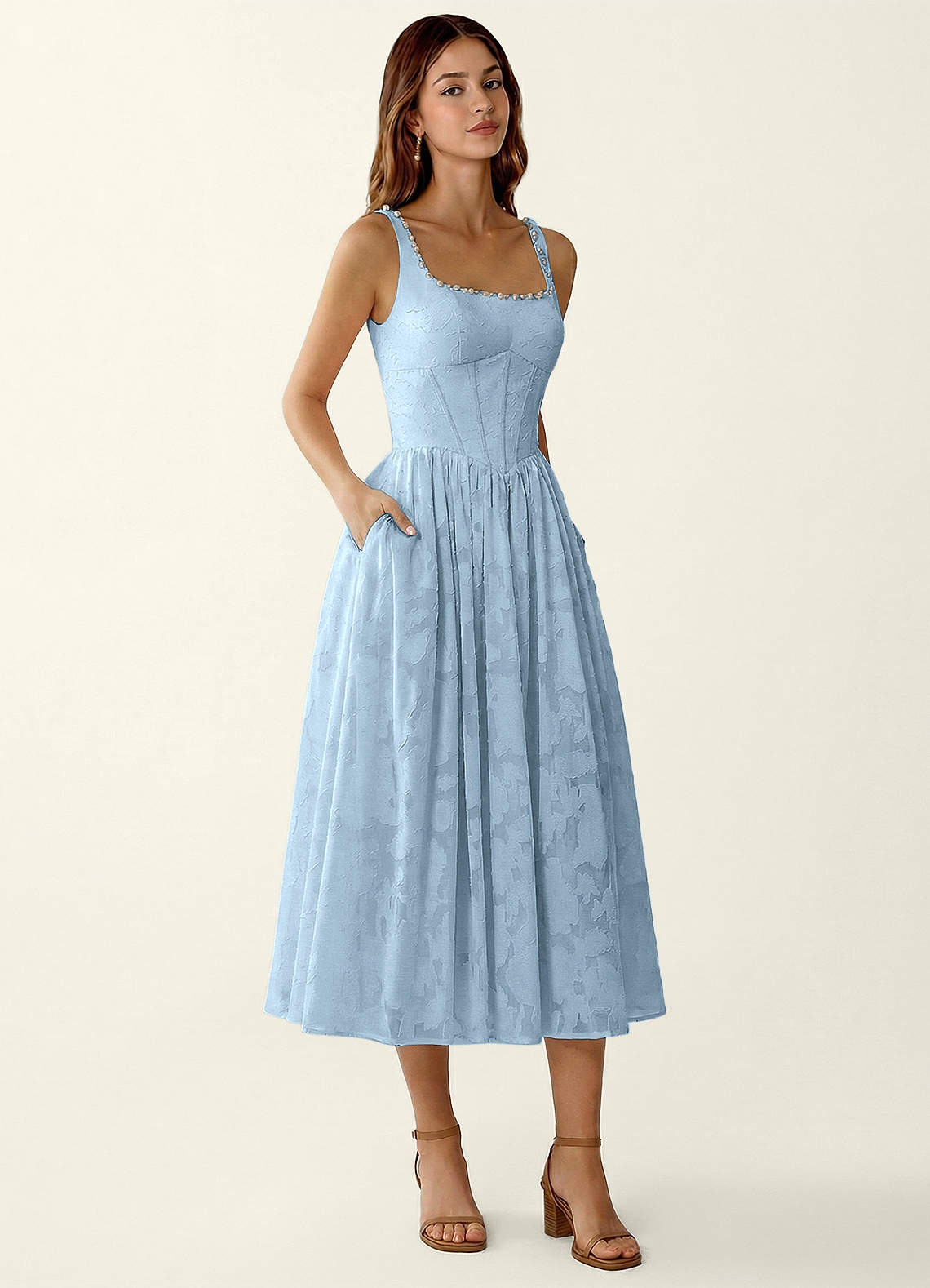 Ottavia Sky Blue Floral Burnout Midi A-Line Graduation Dress | Azazie