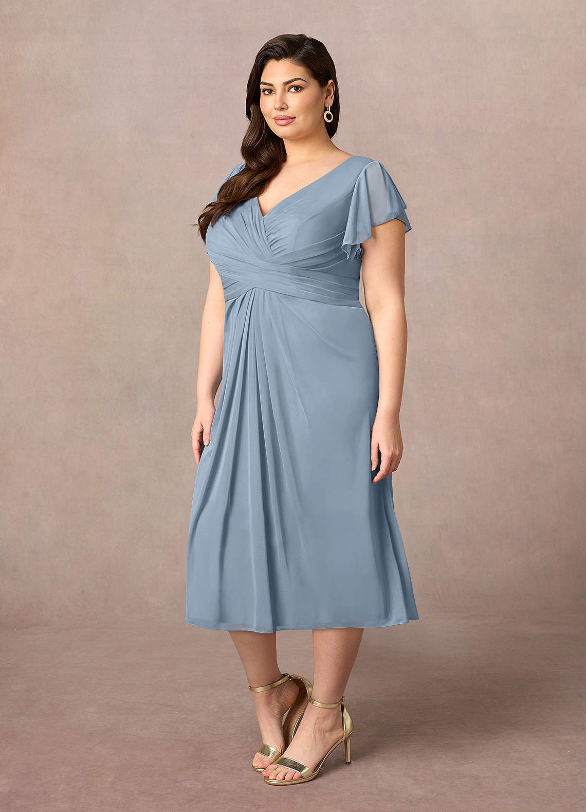 Azazie Vera Mother of the Bride Dresses Dusty Blue A-Line V-Neck Pleated Mesh Dress image6