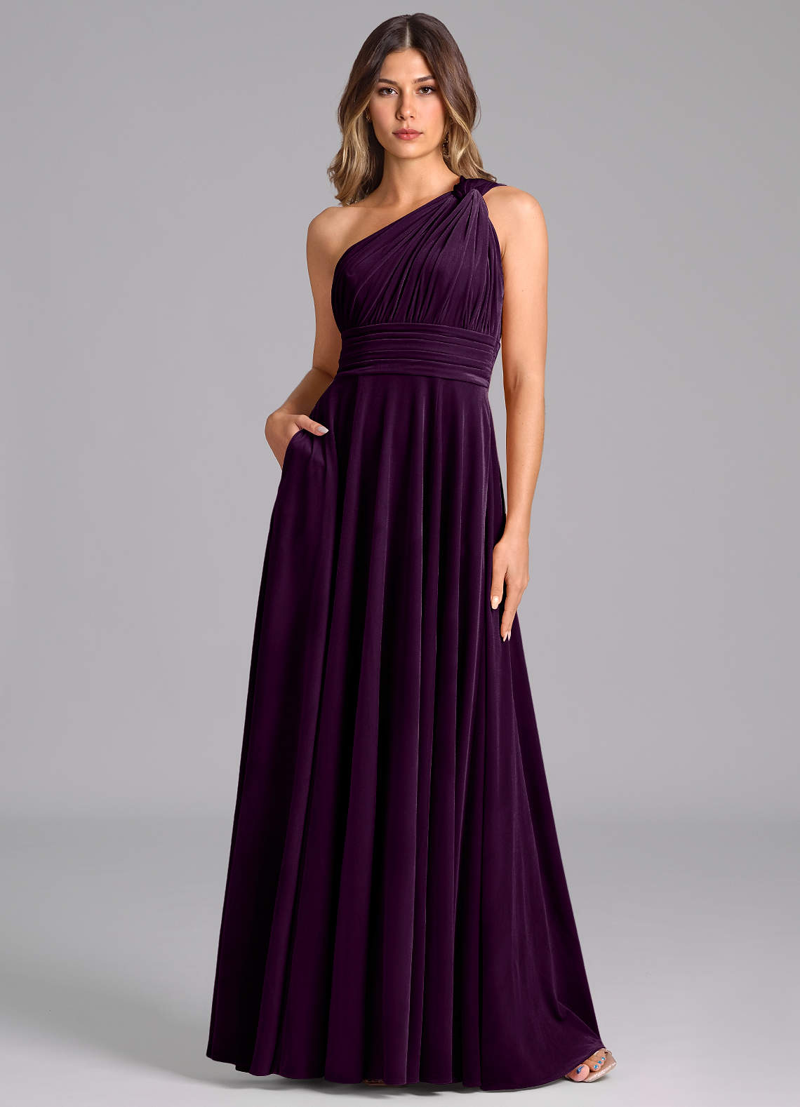 Azazie Charlize Bridesmaid Dresses Grape A-Line One Shoulder Velvet Dress image1