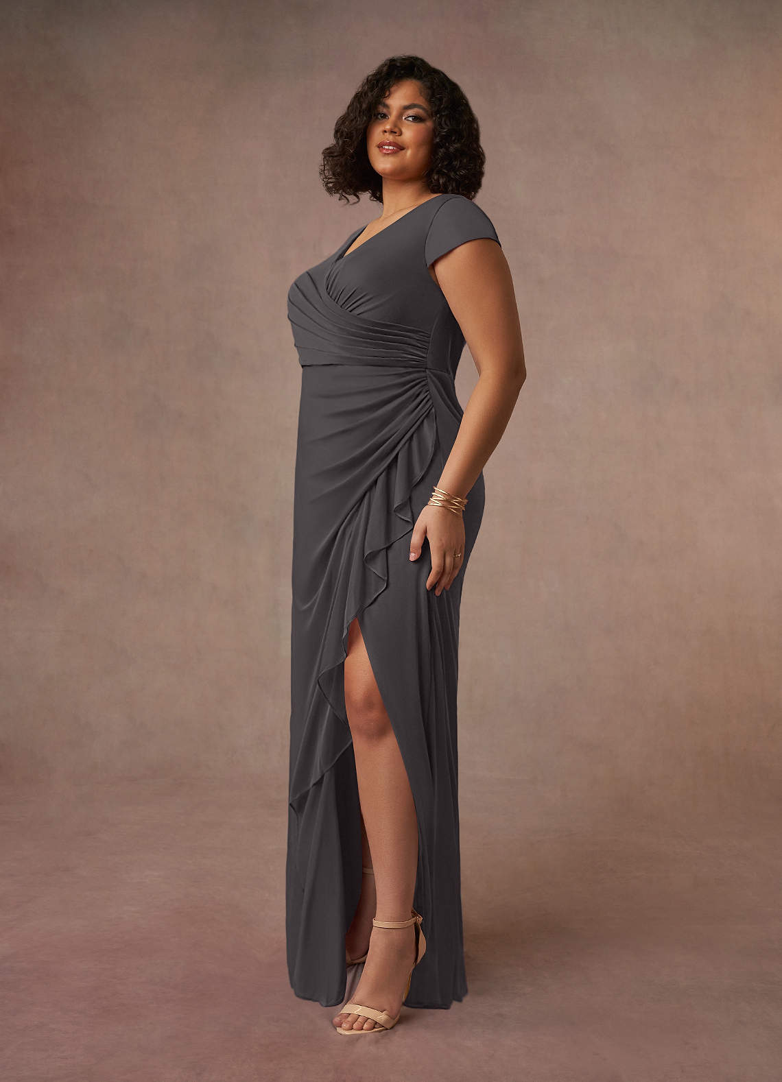 Azazie Roya Mother of the Bride Dresses Steel Grey Mermaid V-Neck Pleated Mesh Dress image7