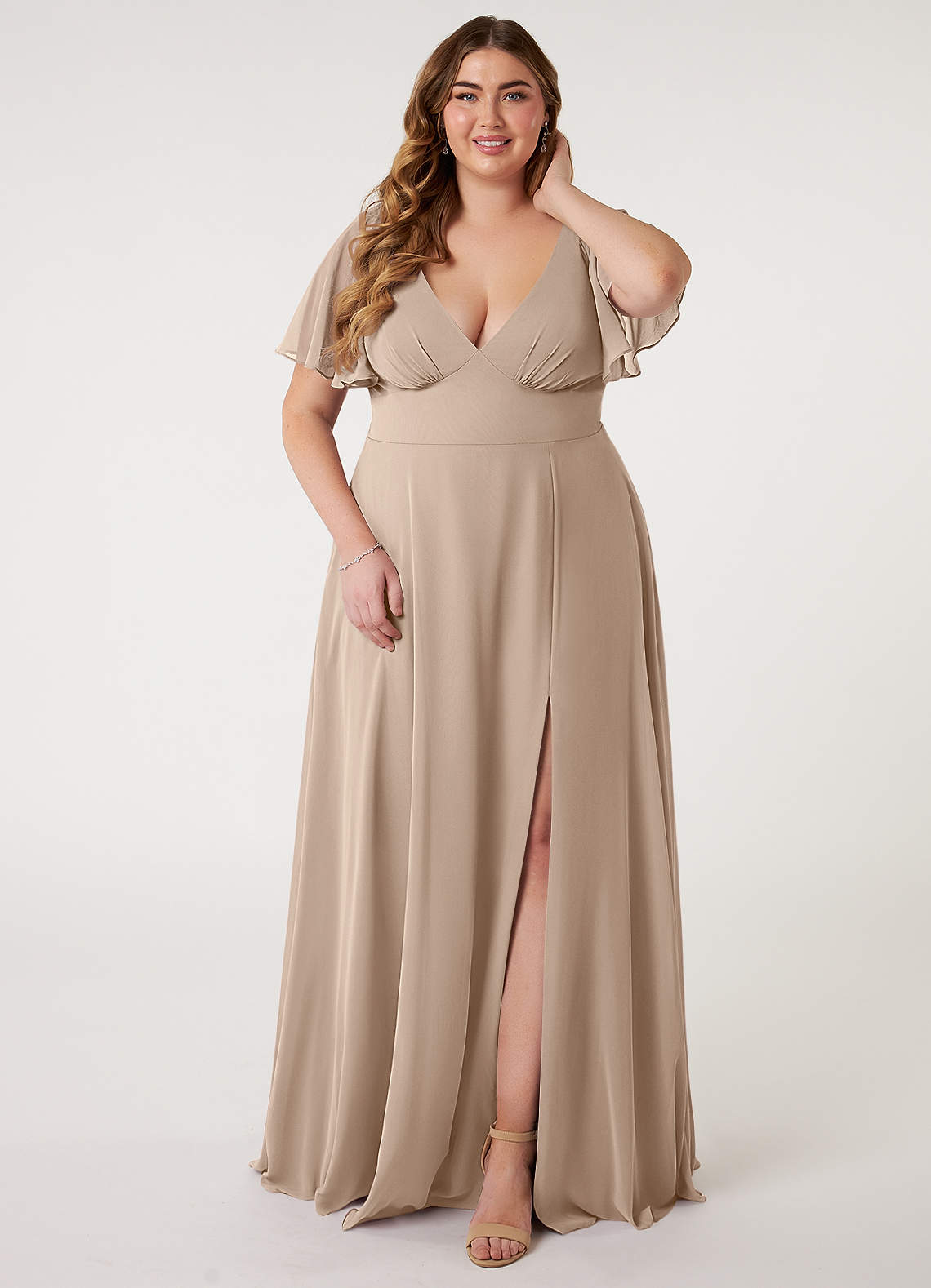 Azazie Kimber Bridesmaid Dresses Taupe A-Line Flounce Sleeve Chiffon Dress image1