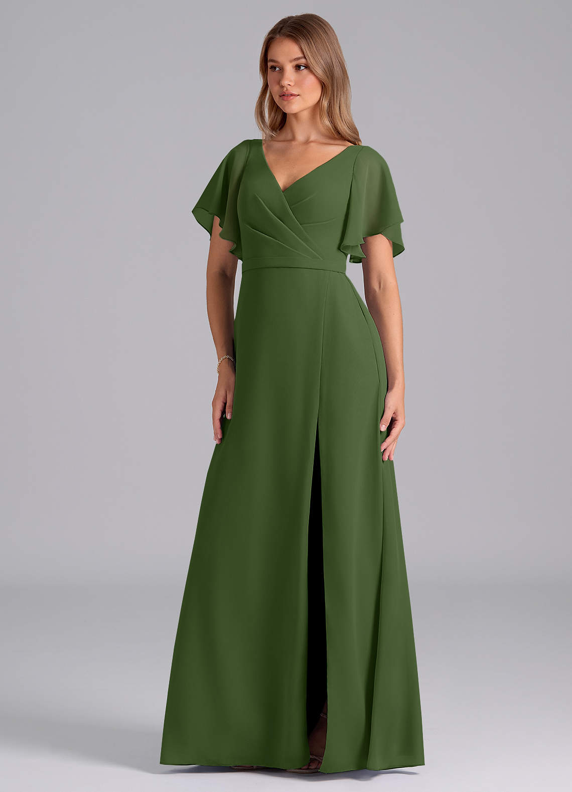 Azazie Ambrosia Brautjungfernkleider A-Linie Plissee Chiffon Kleid Olivgrün image1