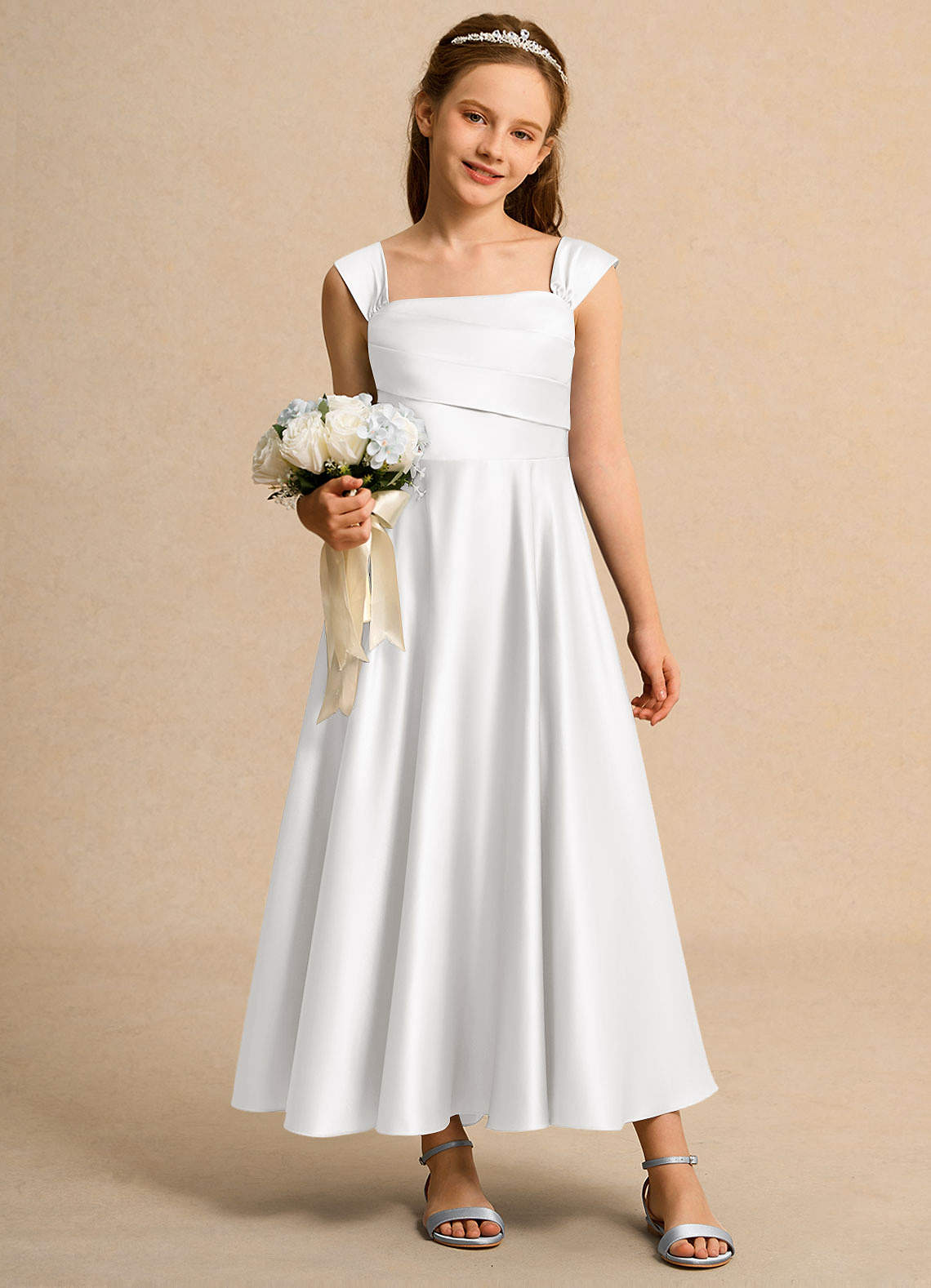 Azazie Bundle Girls Formal Kukkatyttöjen mekot A-linja Pliseerattu Matta satiini Nilkan pituus Pukeutua image2