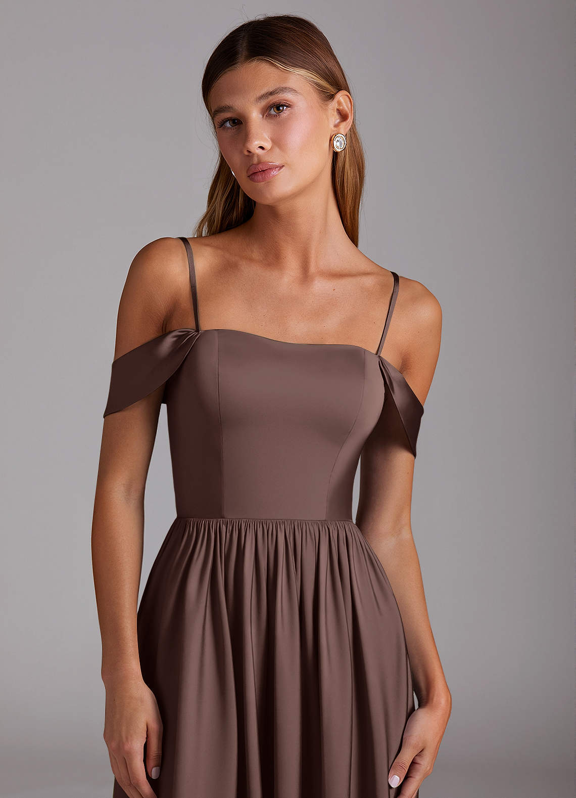 Azazie Calianna Bridesmaid Dresses Ganache A-Line Off the Shoulder Stretch Satin Convertible Dress image1