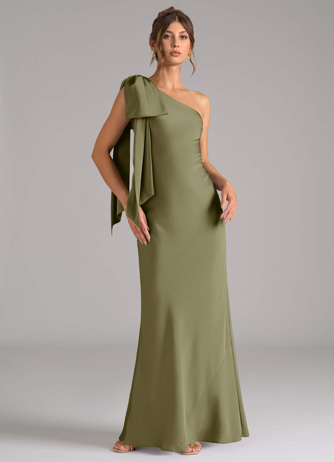 Azazie Capri Bridesmaid Dresses Pistachio Mermaid One Shoulder Stretch Satin Dress image1