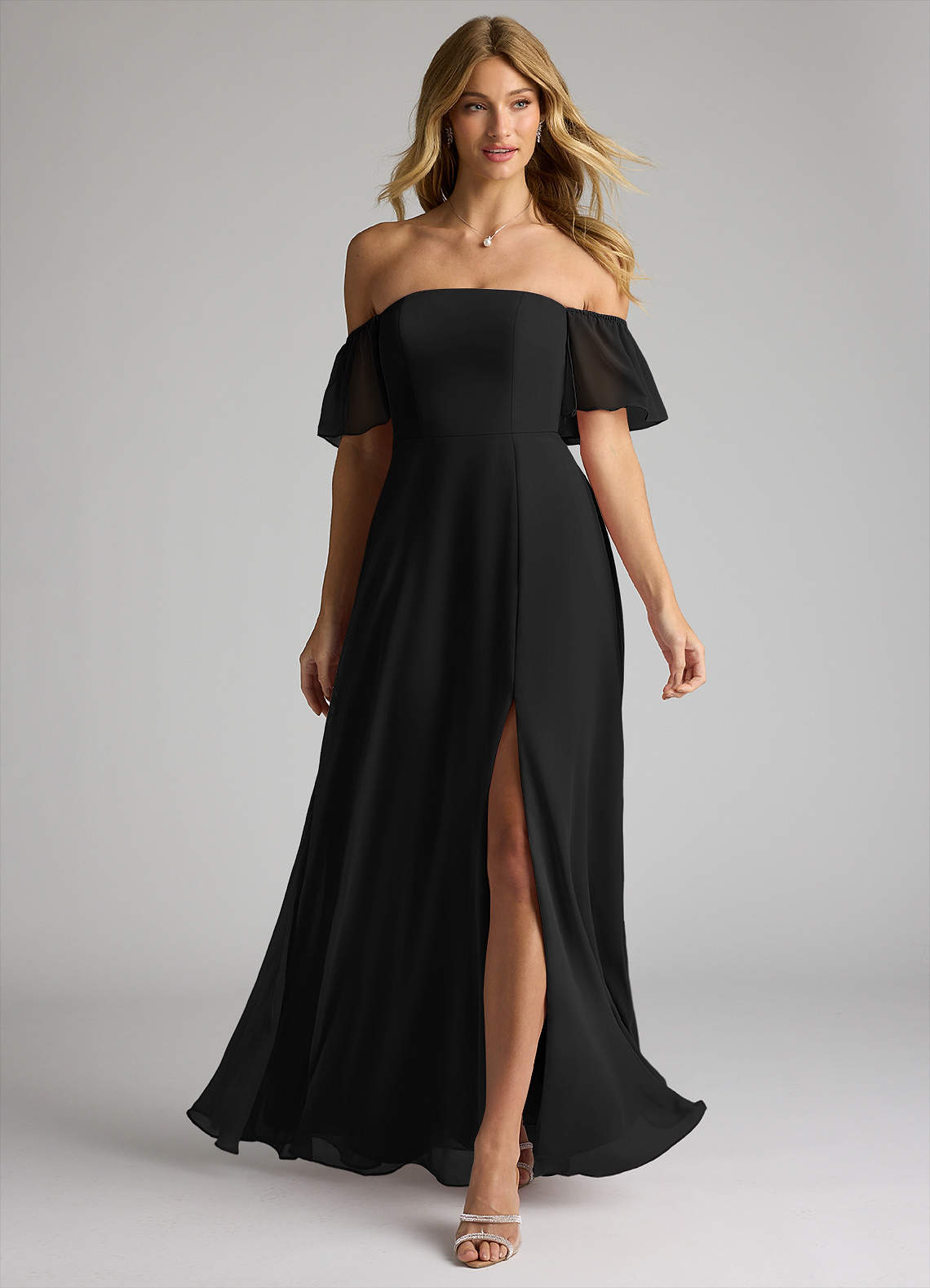 Azazie Sue Bridesmaid Dresses Black A-Line Off the Shoulder Chiffon Convertible Dress image1
