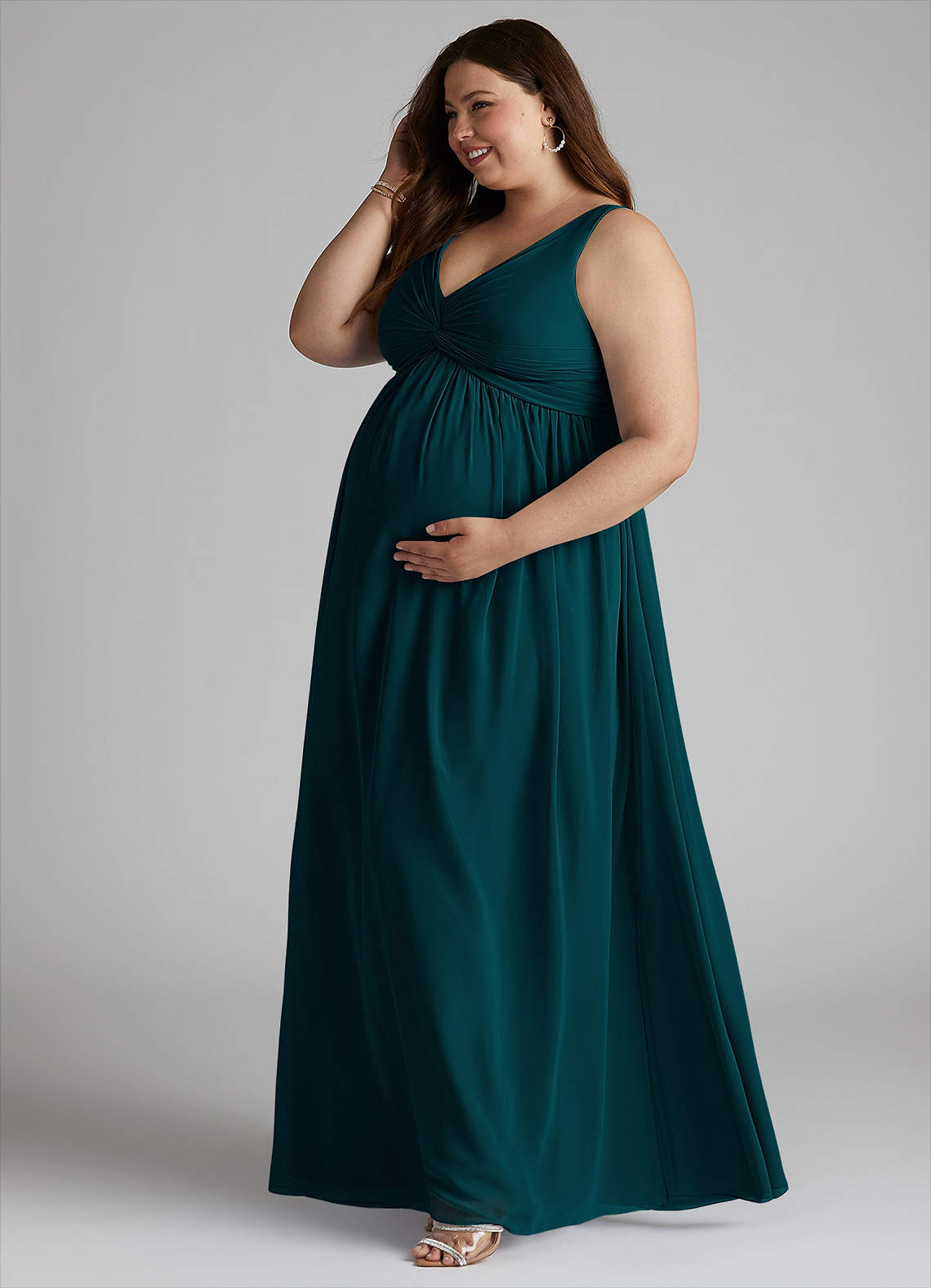 Azazie Plus Size A-Line/Princess V-Neck Floor-Length Chiffon Maternity Bridesmaid Dresses - Pine