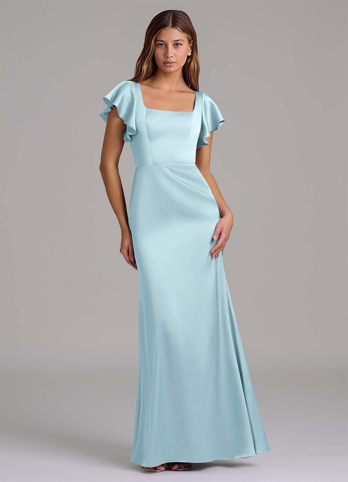 blue dress for baby girl Light Blue Slit Bridesmaid Dress with Bow Tie Straps – FancyVestido main image 1
