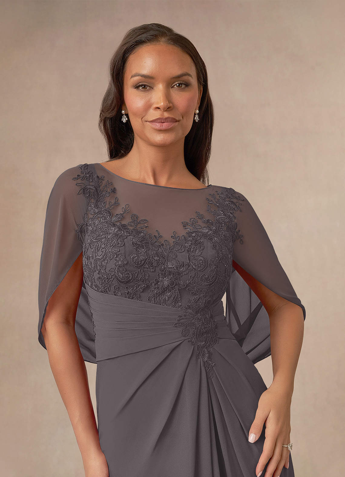 Azazie Hera Mother of the Bride Dresses Steel Grey A-Line Lace Capelet Chiffon Dress image4