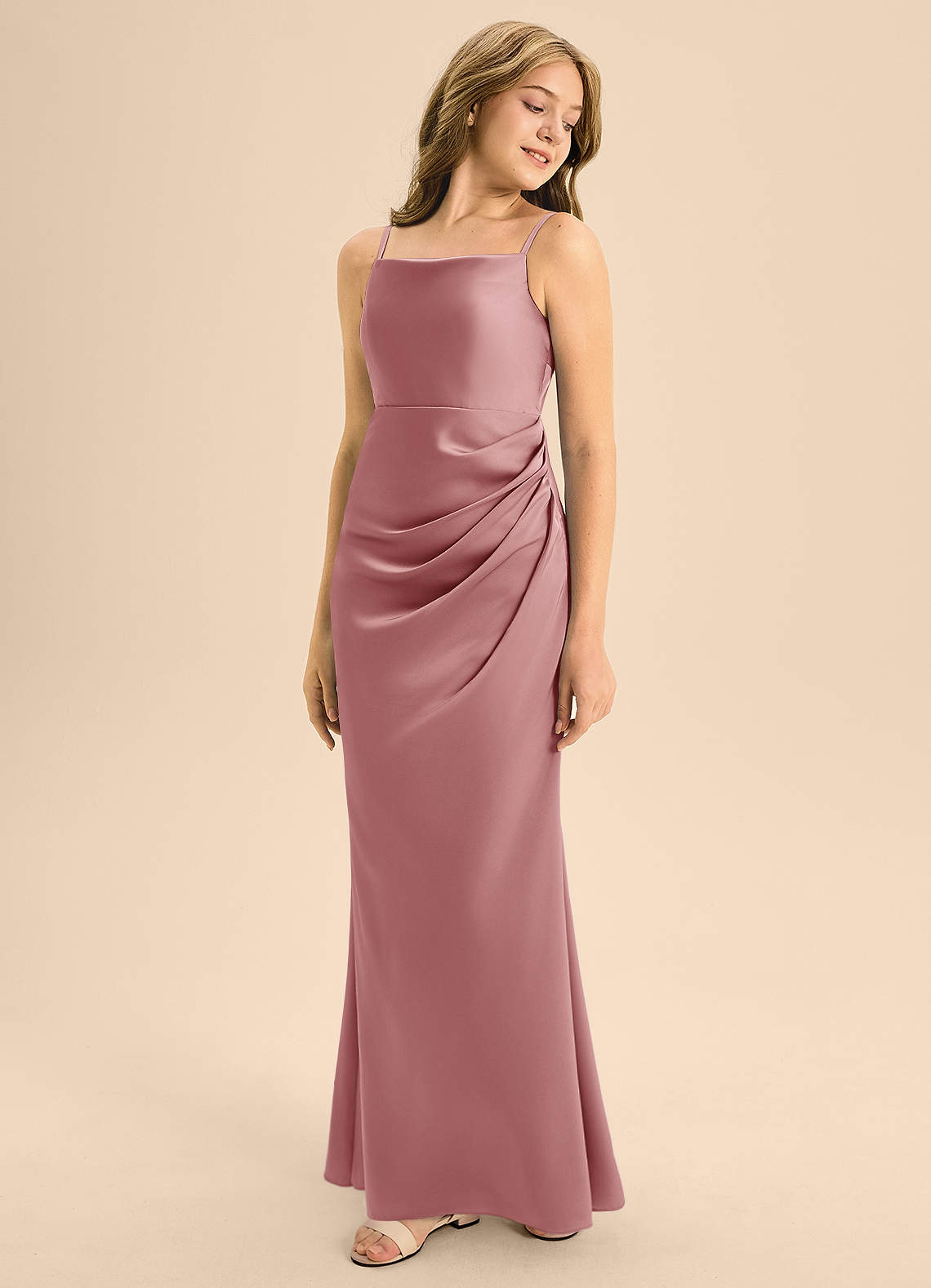 Azazie Renna Junior Dusty Rose A-Line Pleated Stretch Satin Dress image1