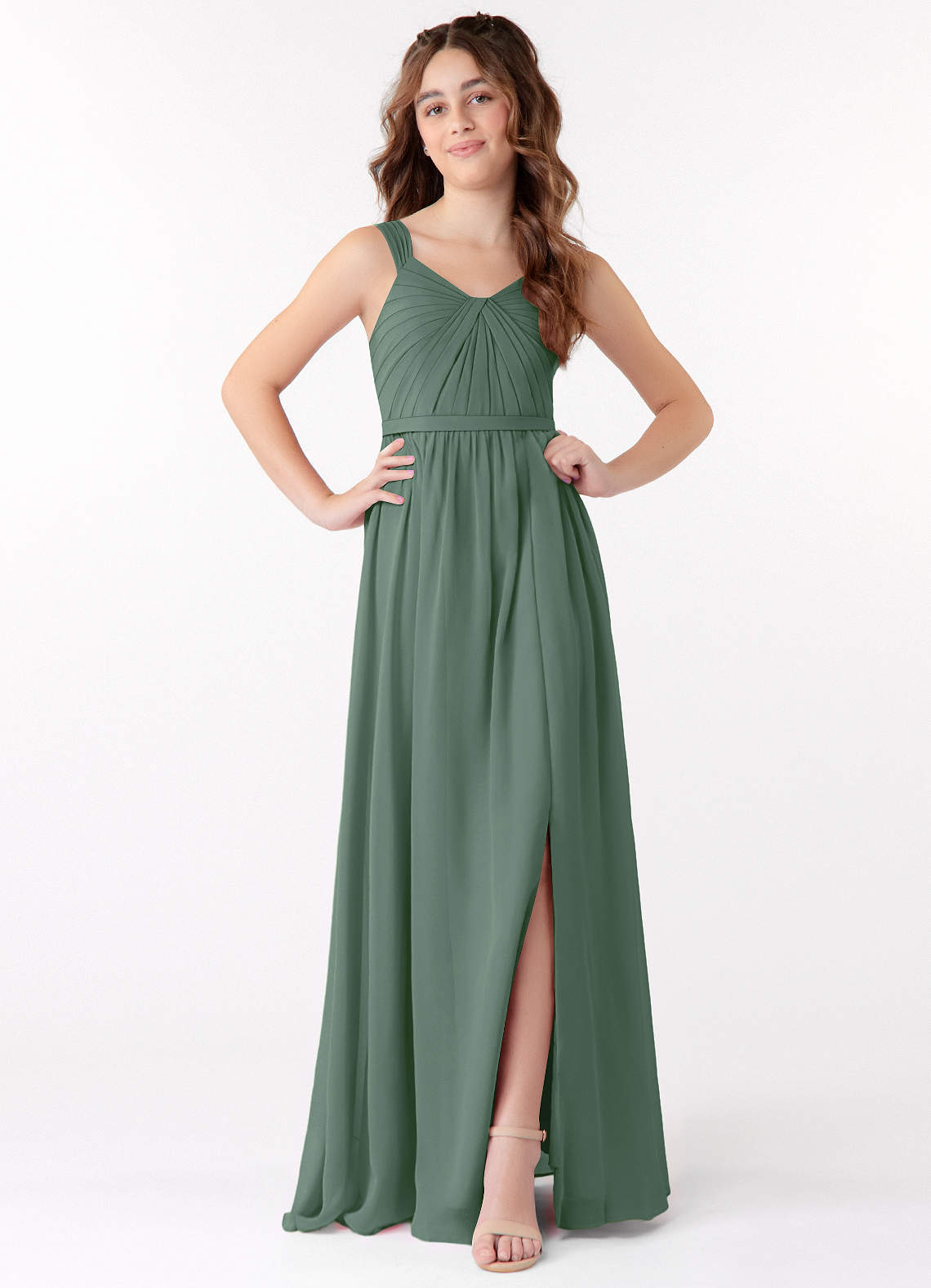 Azazie Evie Junior Eucalyptus A-Line Pleated Chiffon Dress image1