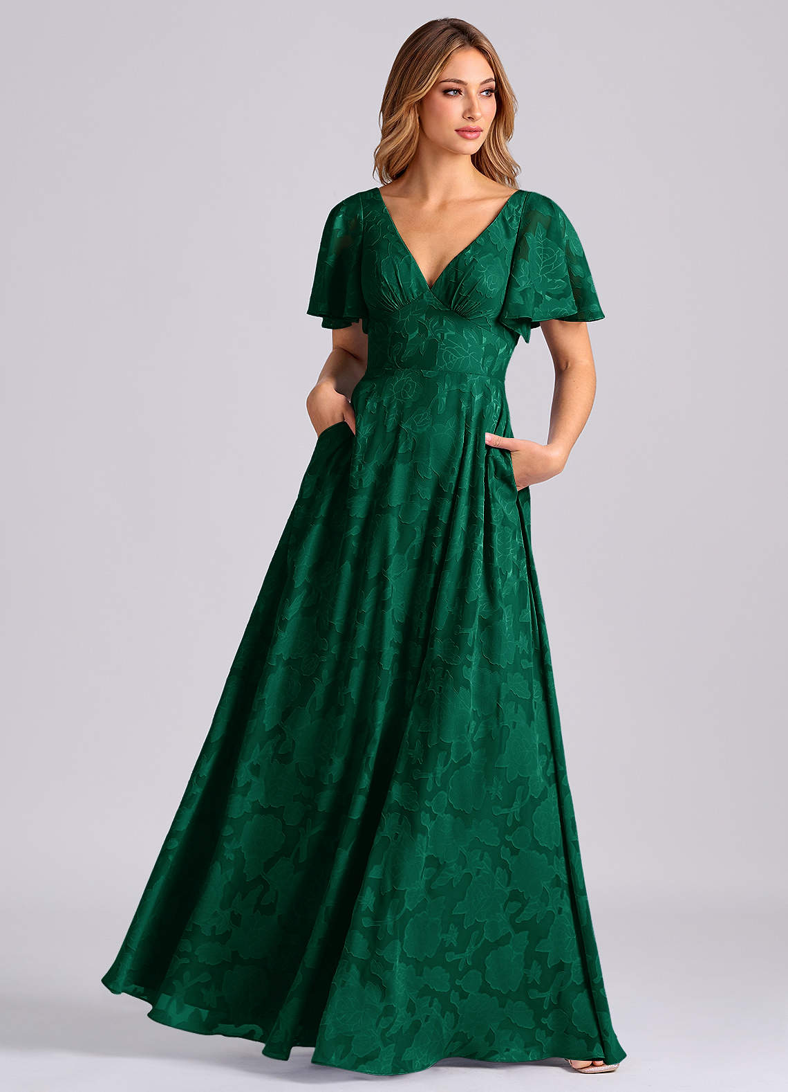 slim fit dress slacks Alances V-Neck Long Ruffled Prom Dress Emerald / Small main image 0
