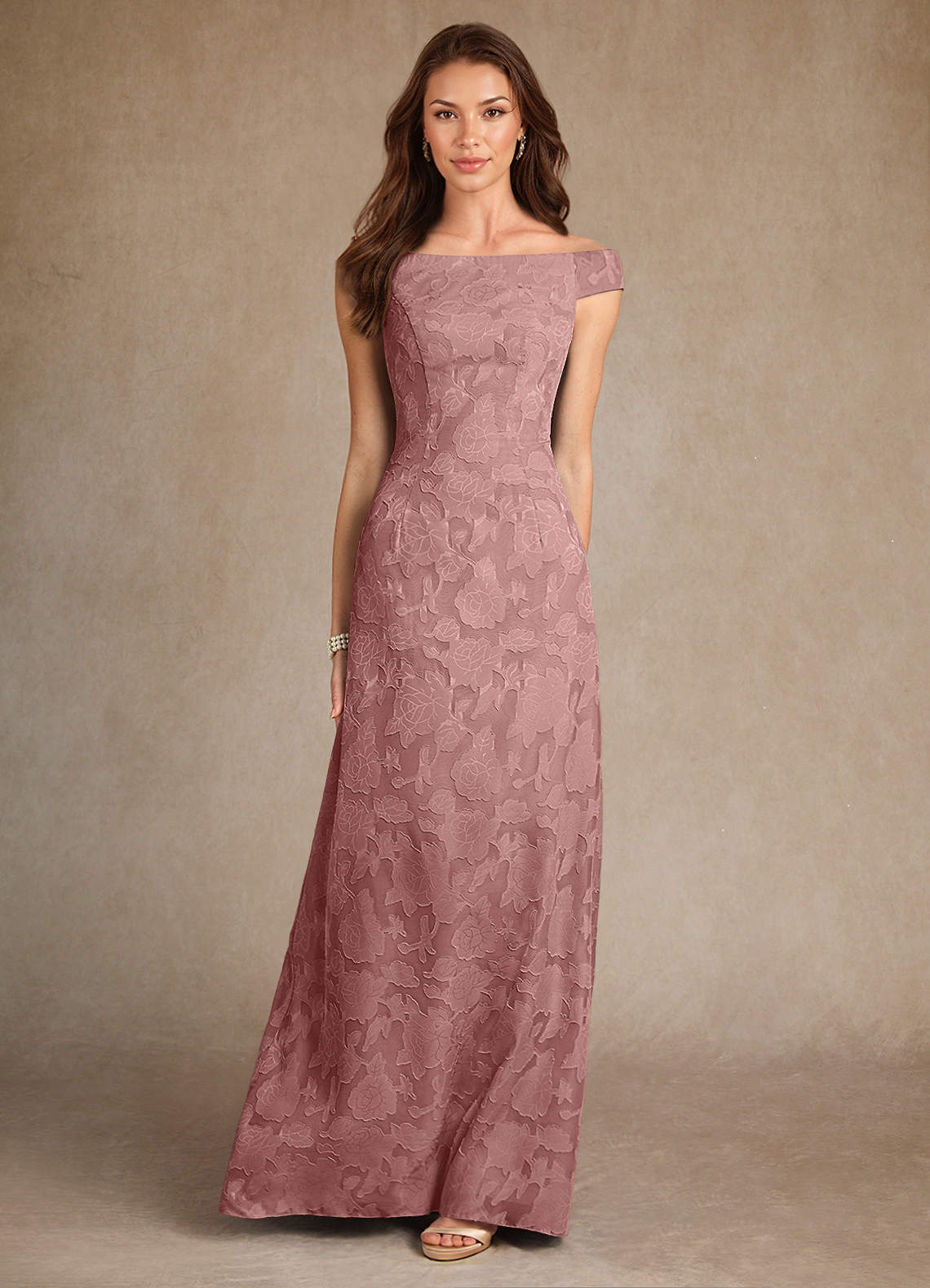 Azazie Moore Dusty Rose A-Line Boatneck Floral Burnout Dress Ready