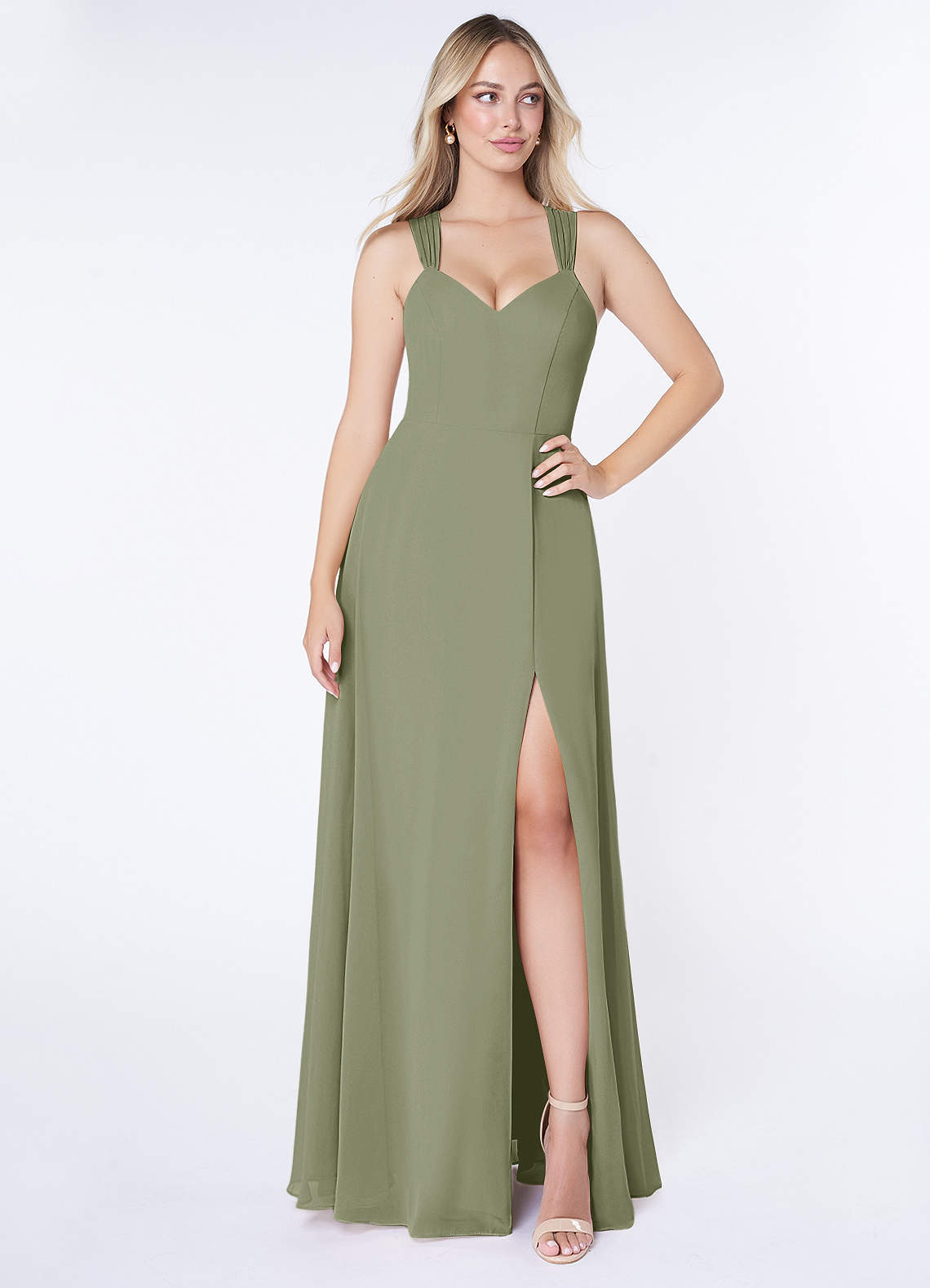 Azazie Jane Brautjungfernkleider A-Linie V-Hals Gefaltet Chiffon Kleid Pistazie image1