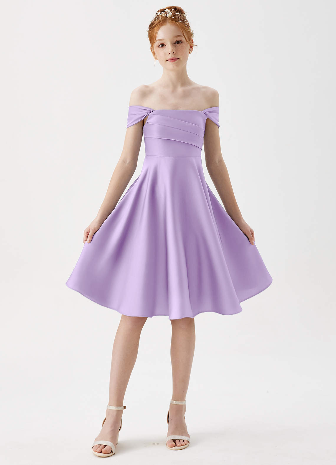 Azazie Amira Junior Lilac A-Line Pleated Stretch Satin Dress image4