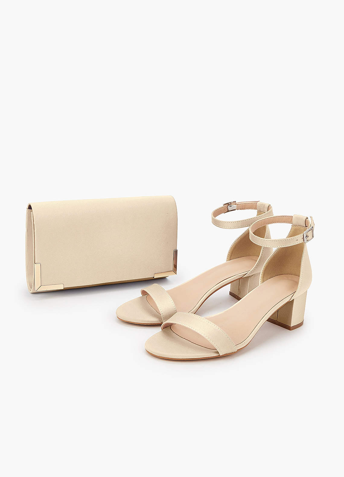 front Matching Color Matte Satin Block Heel Sandals & Envelope Clutch Set