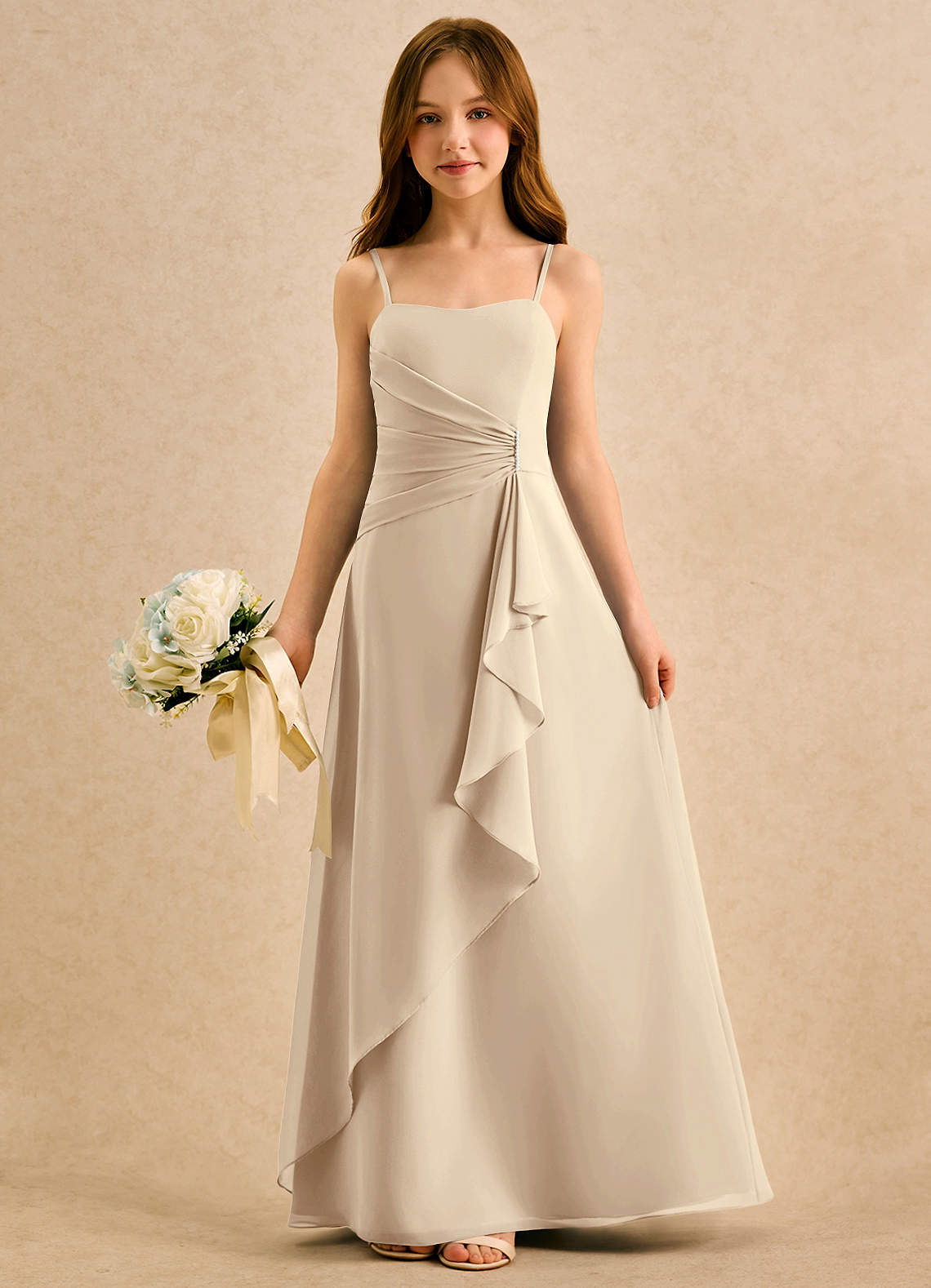 Azazie lolly Girls Formal Robe Demoiselle D'honneur Fillette Robe Trapèze en Mousseline de soie Plissée Champagne image2