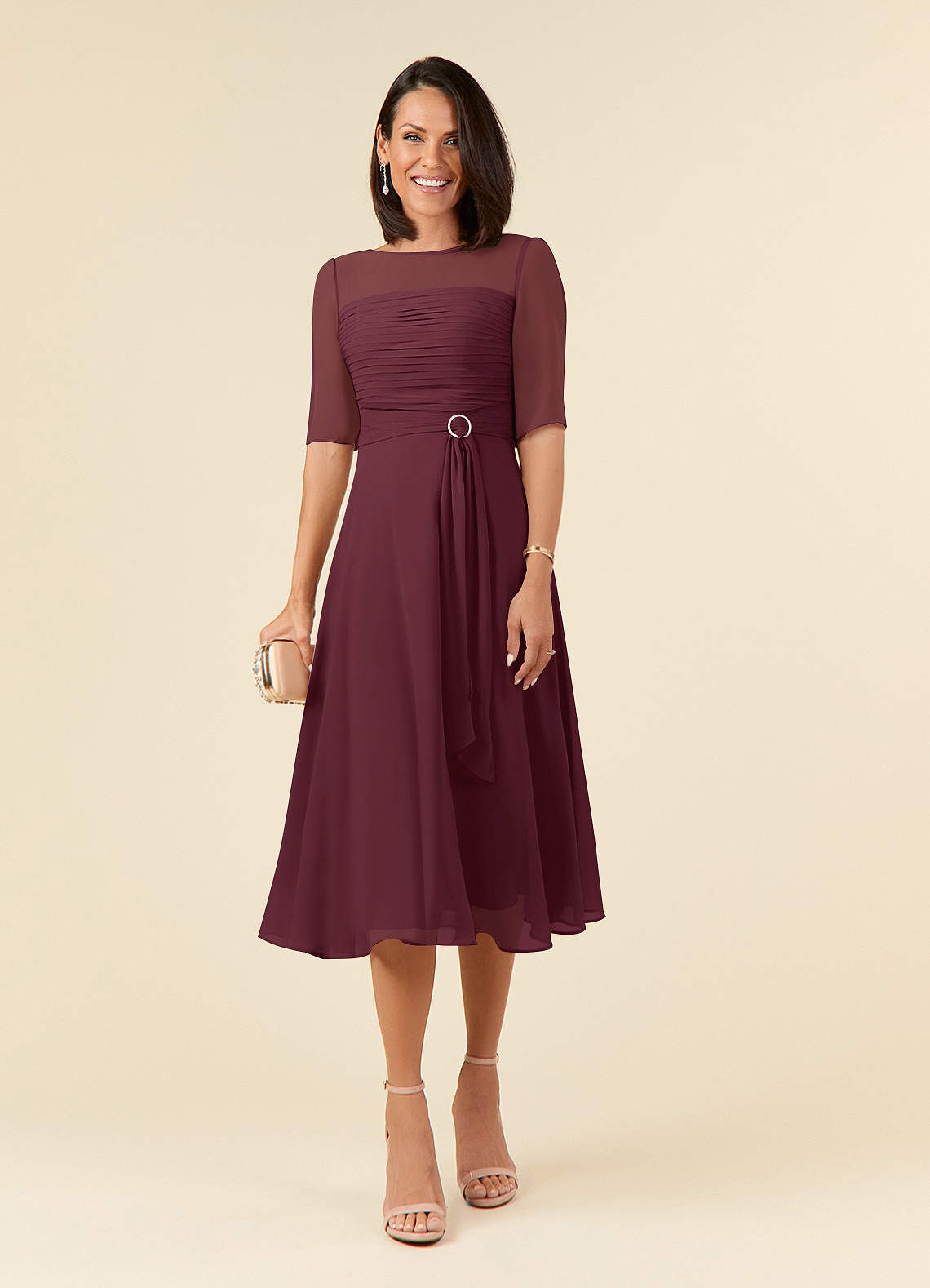 Azazie Naomi Mother of the Bride Dresses Cabernet A-Line Boatneck Pleated Chiffon Dress image1
