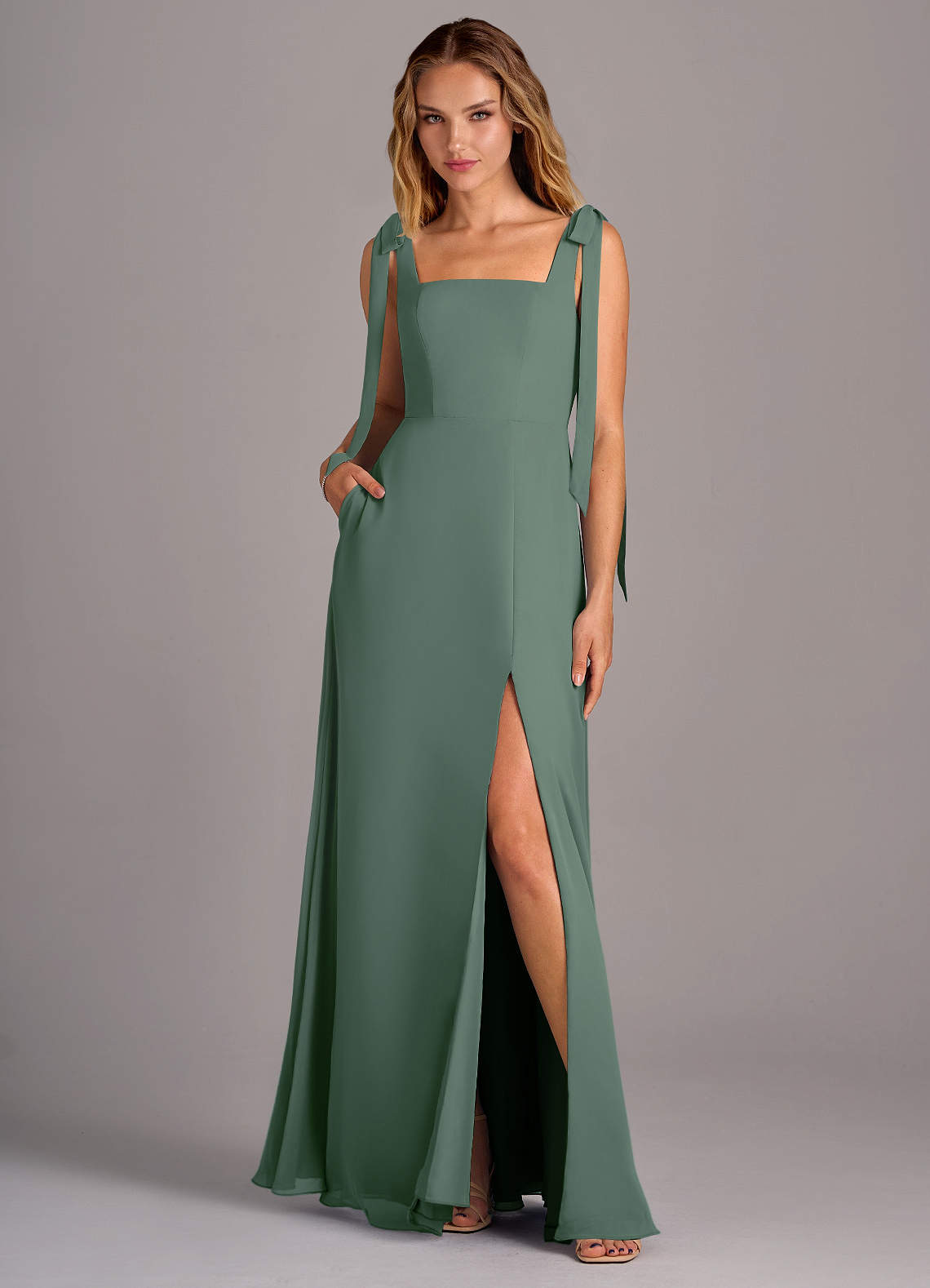 Azazie Debra Bridesmaid Dresses Eucalyptus A-Line with Pockets Chiffon Convertible Dress image1