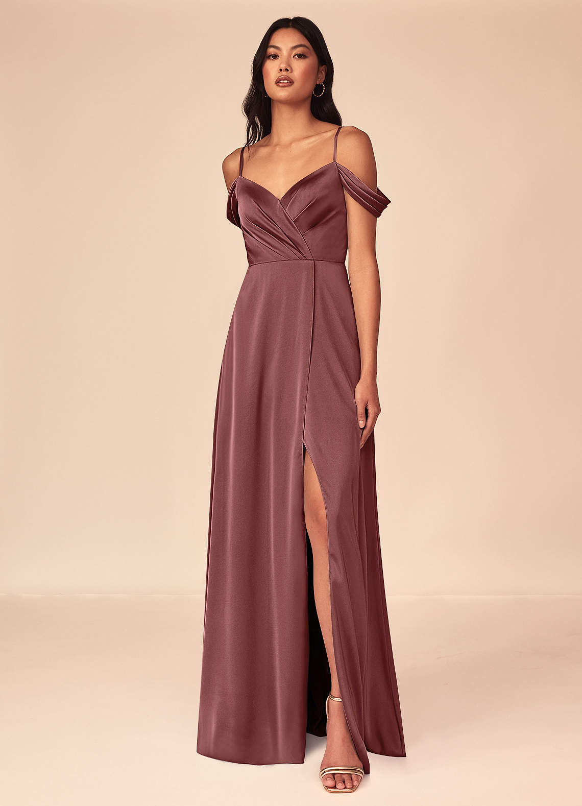Azazie Ocean Bridesmaid Dresses Amethyst A-Line V-Neck Pleated Stretch Satin Dress image1