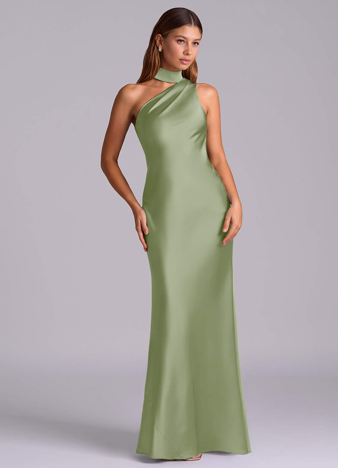 Azazie Seona Klänningar att prova hemma Klä av Sjöjungfru i Stretch Satin Ena axeln Dusty Sage image6