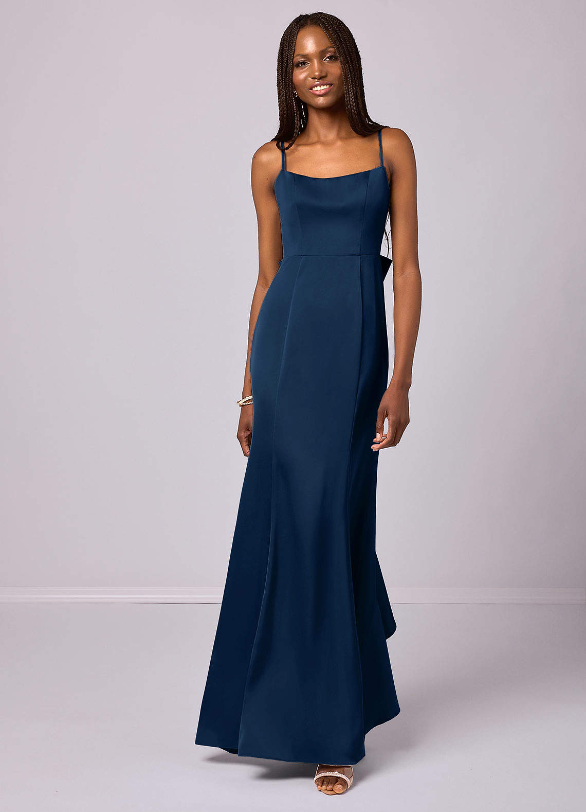 Barbie ♥ Azazie Bridesmaid Dresses Dark Navy Mermaid Bow Stretch Satin Dress image3