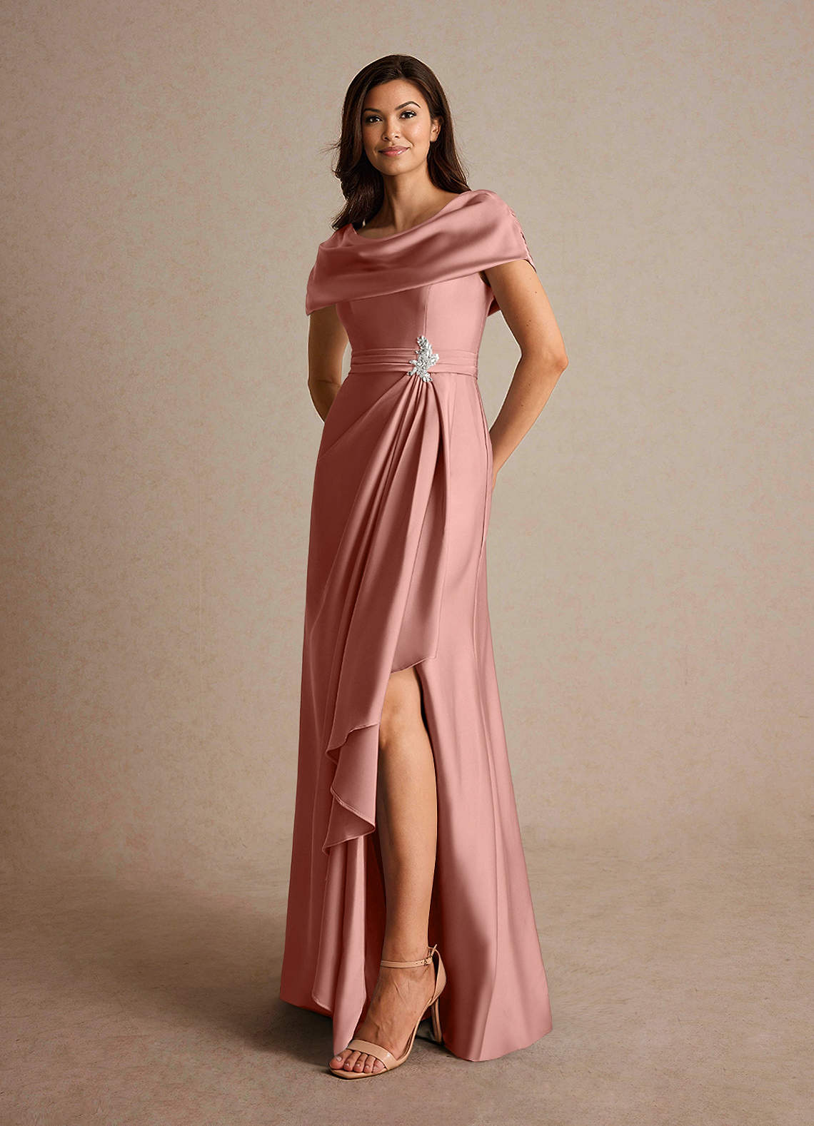 Azazie Branford Mother of the Bride Dresses Rosette A-Line Pleated Stretch Satin Dress image7