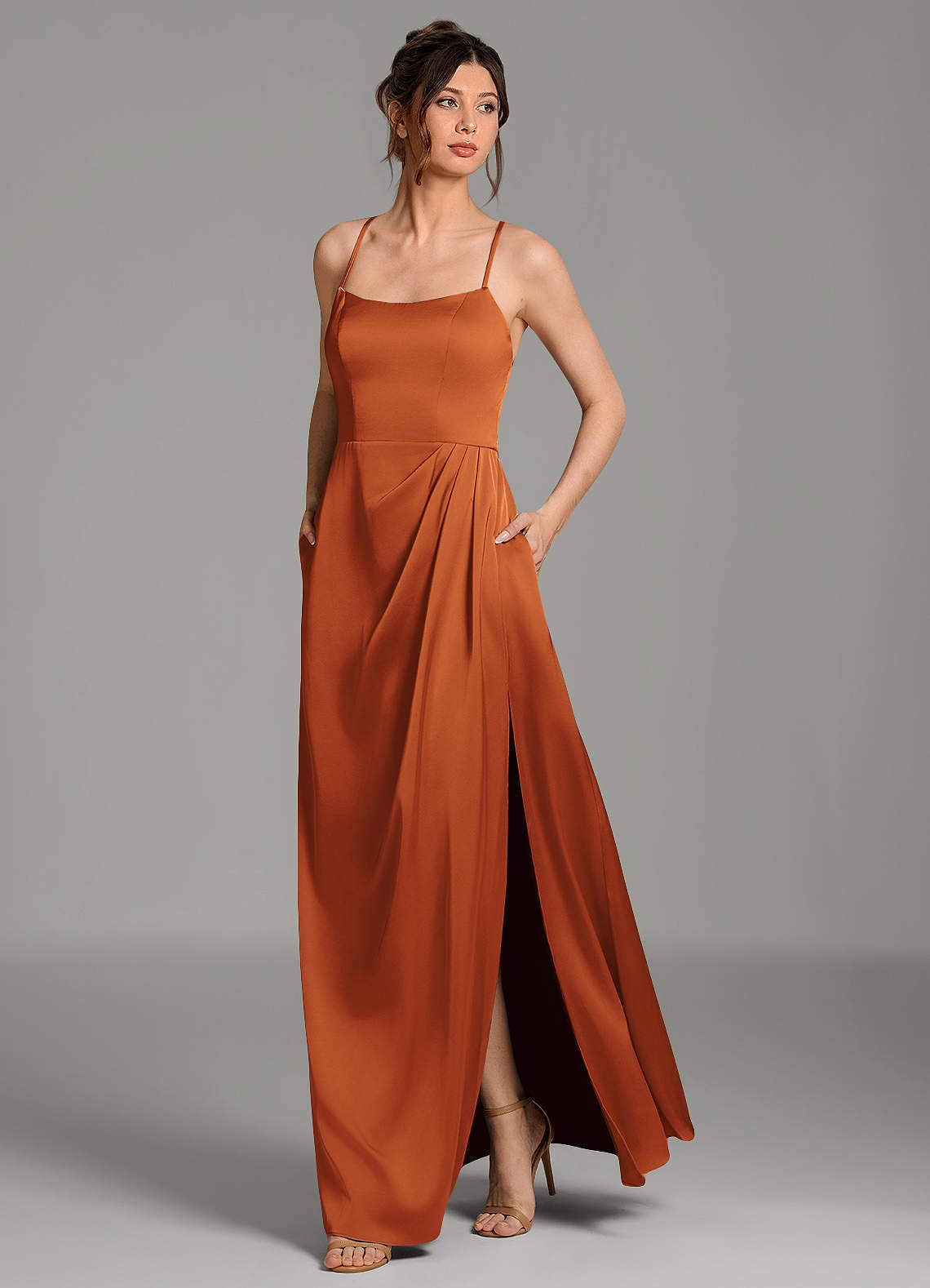 satin cinnamon rose bridesmaid dresses Azazie A-Line Halter Neck Floor-Length Stretch youll feel confident and