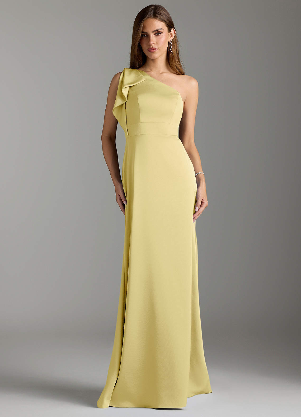 Azazie Rinna Bridesmaid Dresses Lemon Sorbet Mermaid Ruched Stretch Satin Dress image1