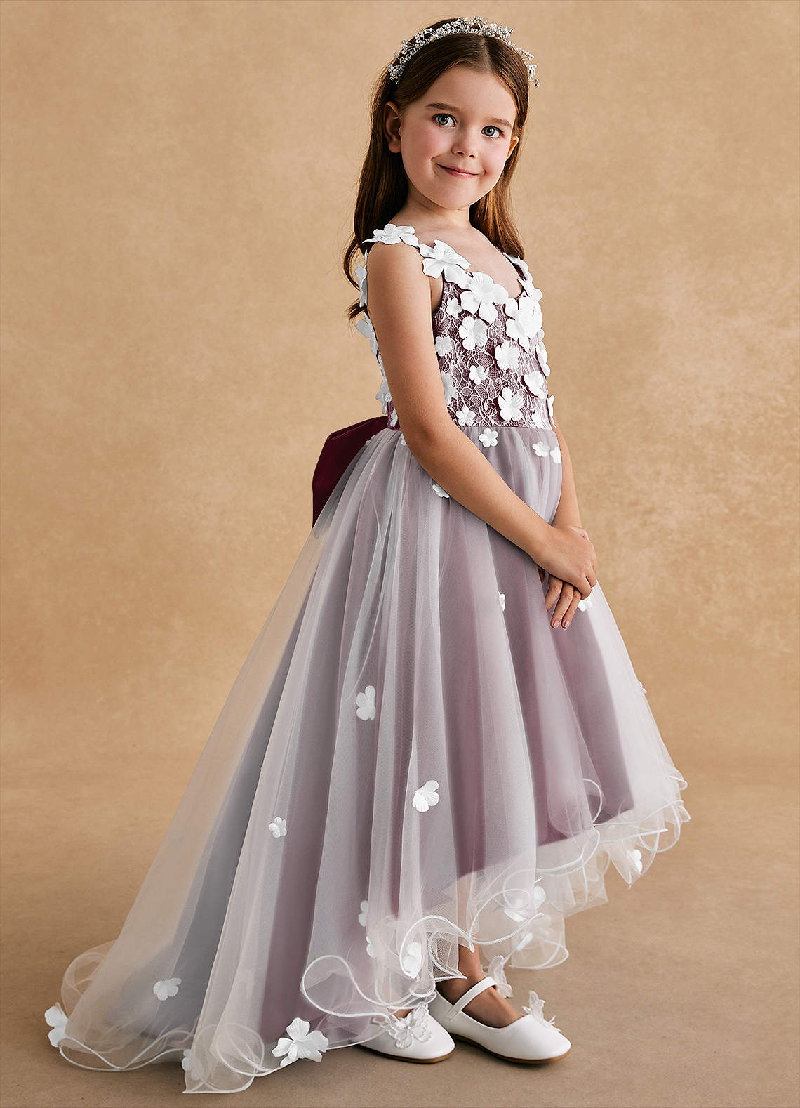 Azazie Celia Flower Girl Dresses Cabernet A-Line Lace Tulle Dress image1