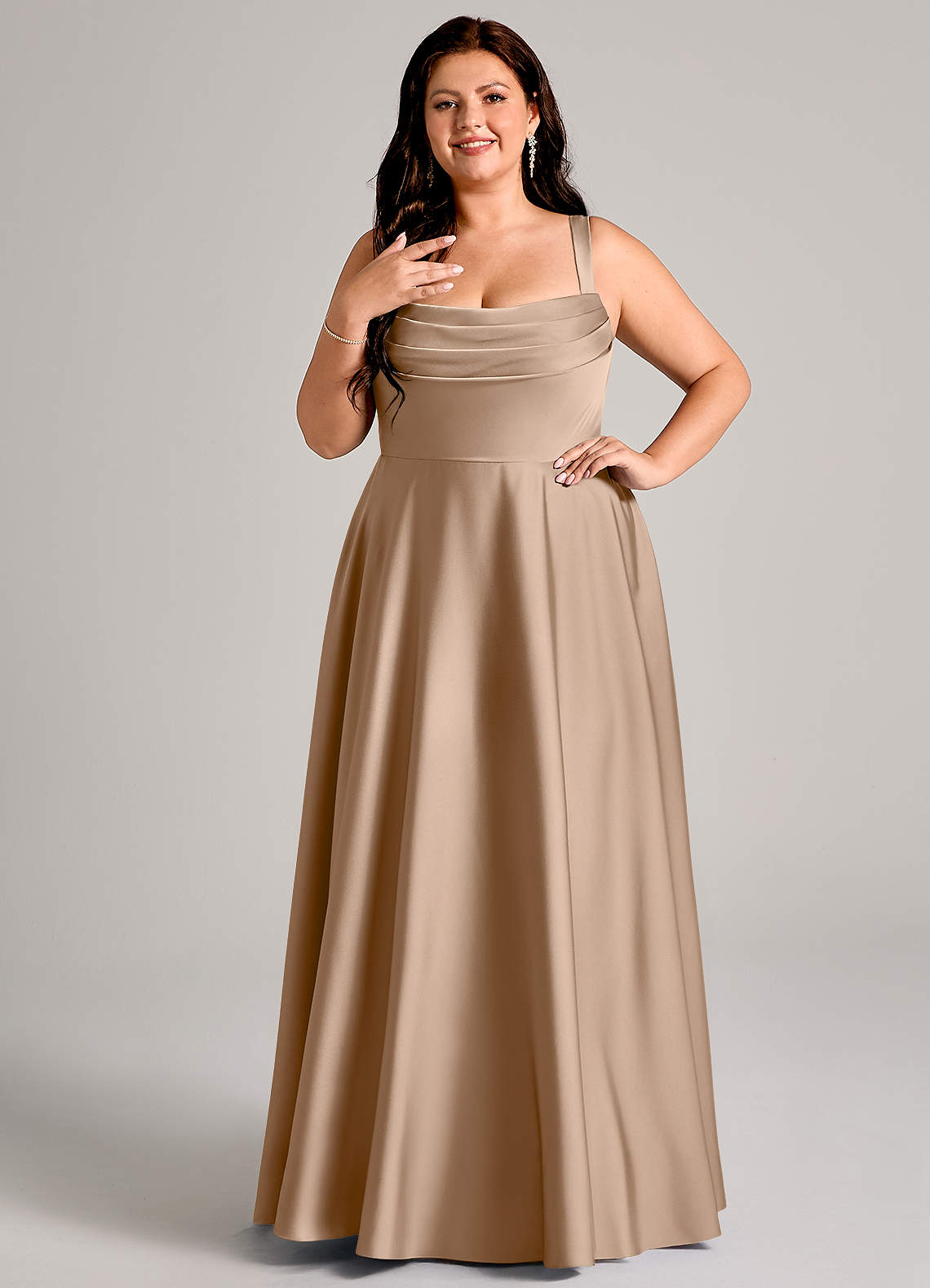 Azazie Shaude Bridesmaid Dresses Taupe A-Line Pleated Stretch Satin Dress image1
